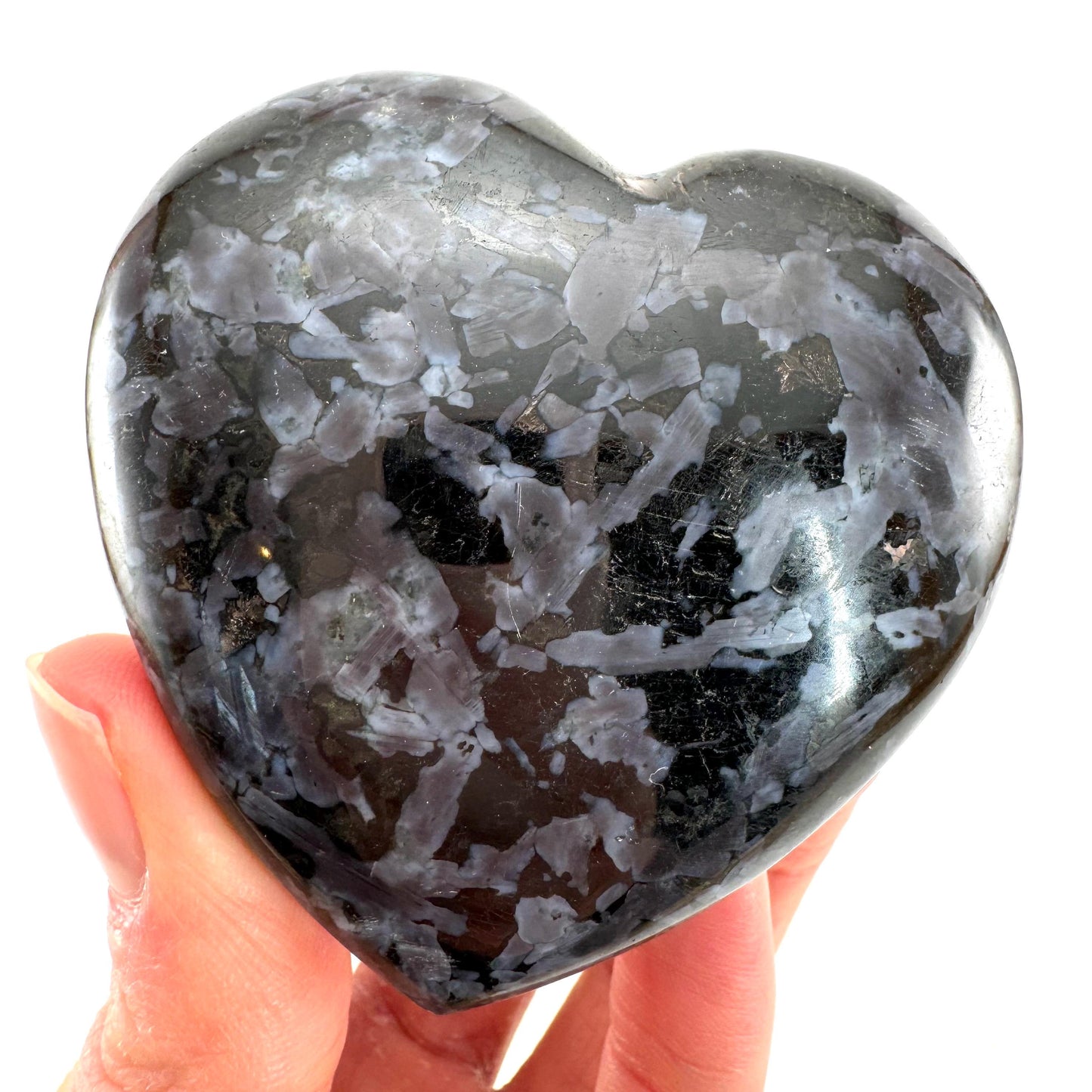 Indigo Gabbro Heart, merlinite heart, Gabbro Palm stone, Merlinite palm stone, Indigo Gabbro, crystal heart