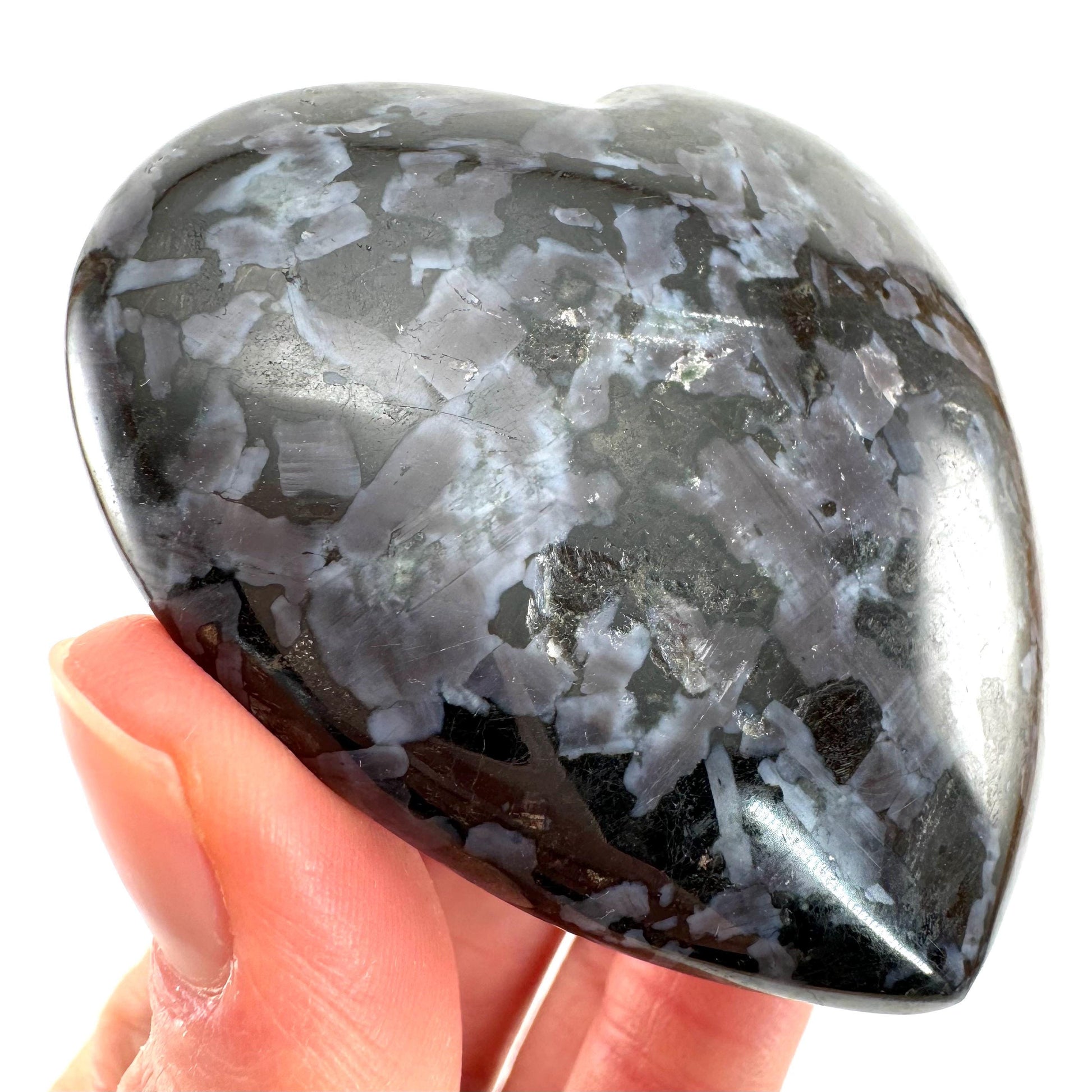 Indigo Gabbro Heart, merlinite heart, Gabbro Palm stone, Merlinite palm stone, Indigo Gabbro, crystal heart