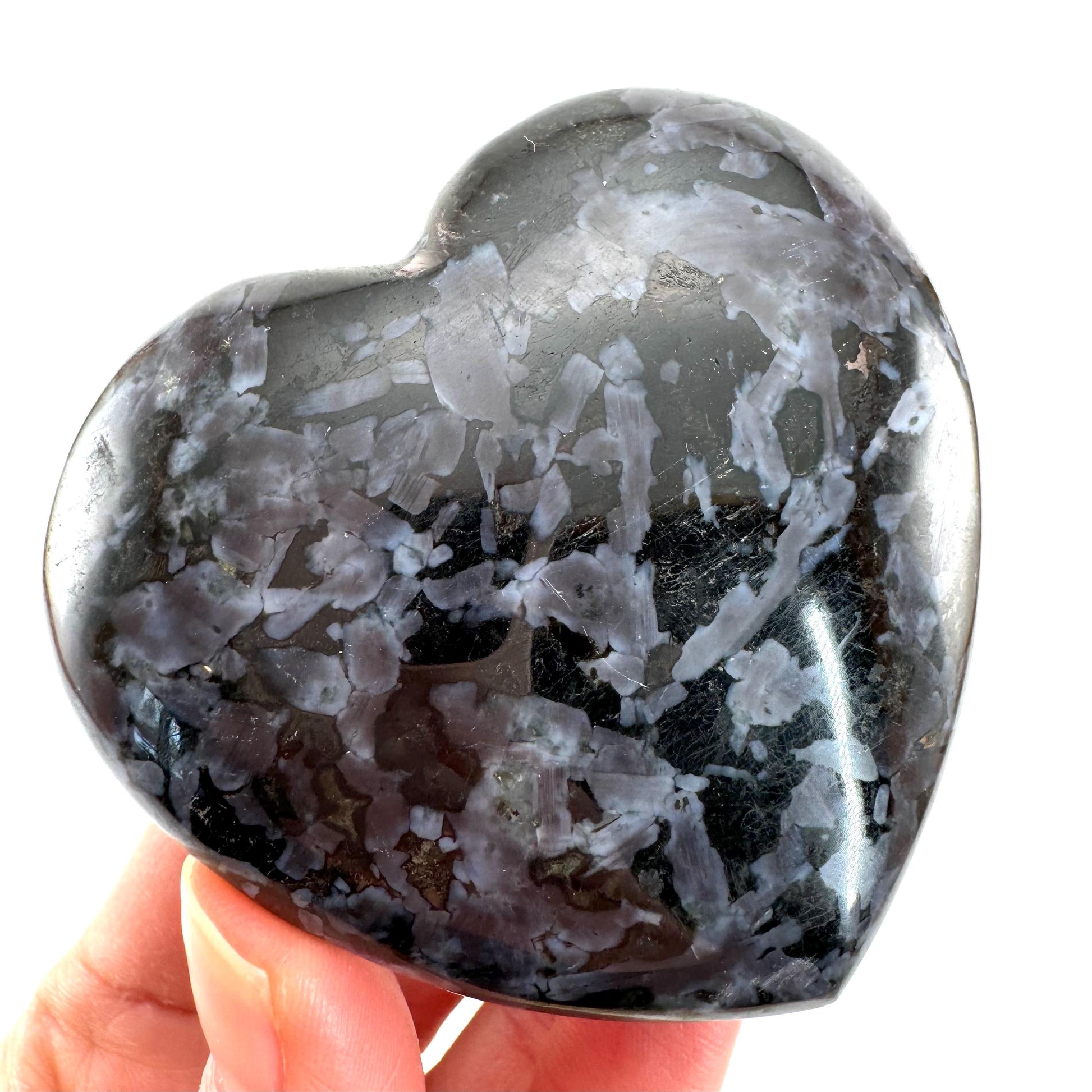 Indigo Gabbro Heart, merlinite heart, Gabbro Palm stone, Merlinite palm stone, Indigo Gabbro, crystal heart