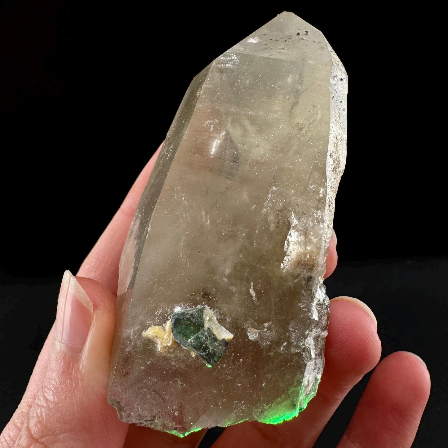 Smoky Quartz w/ Hyalite Opal & Fluorite (Namibia), UV reactive hyalite opal, smoky quartz crystal, rare minerals, fluorescent crystals