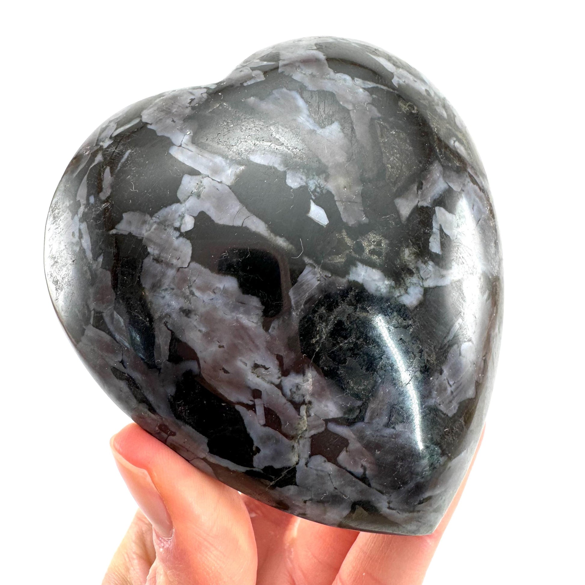 Indigo Gabbro Heart, merlinite heart, Gabbro Palm stone, Merlinite palm stone, Indigo Gabbro, crystal heart