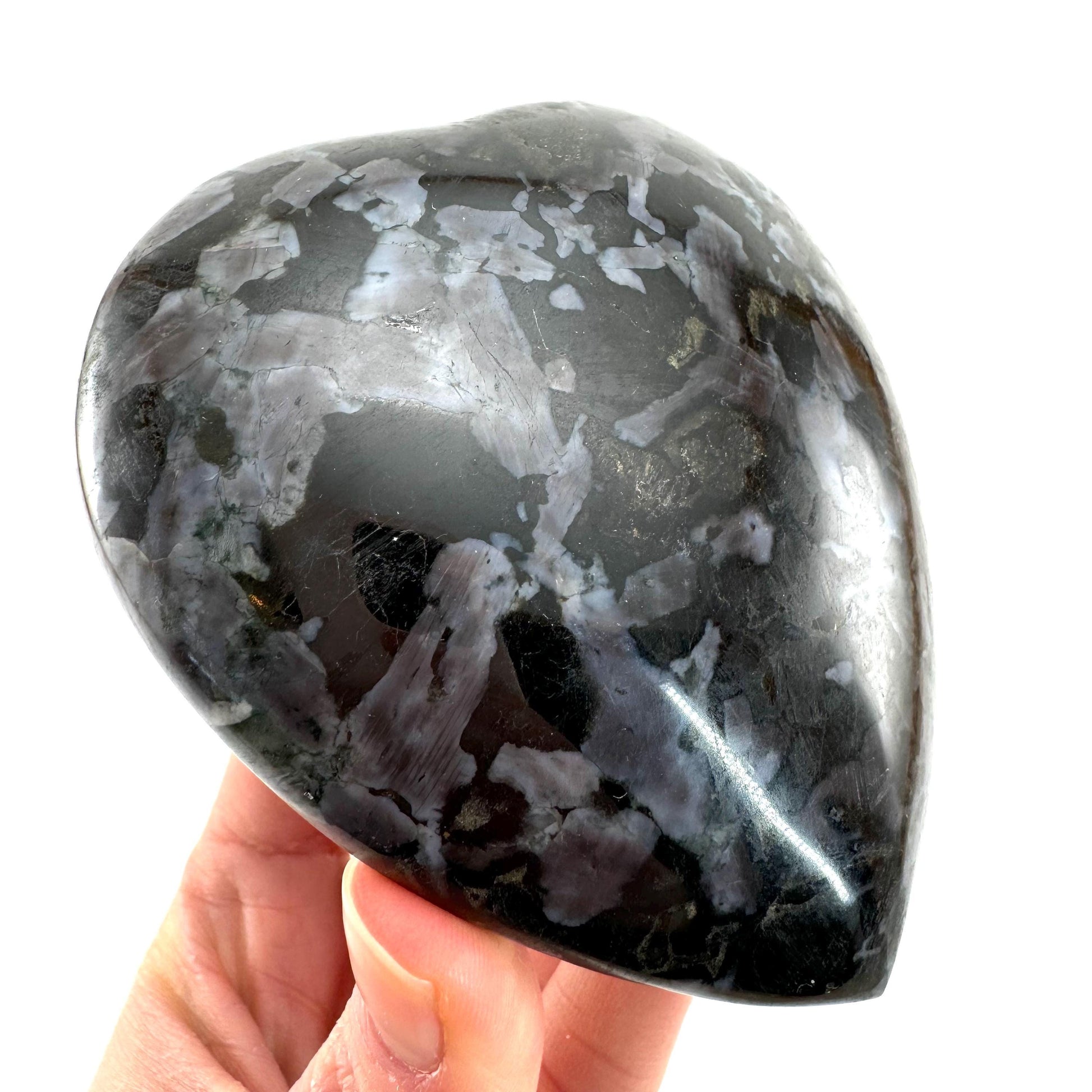Indigo Gabbro Heart, merlinite heart, Gabbro Palm stone, Merlinite palm stone, Indigo Gabbro, crystal heart