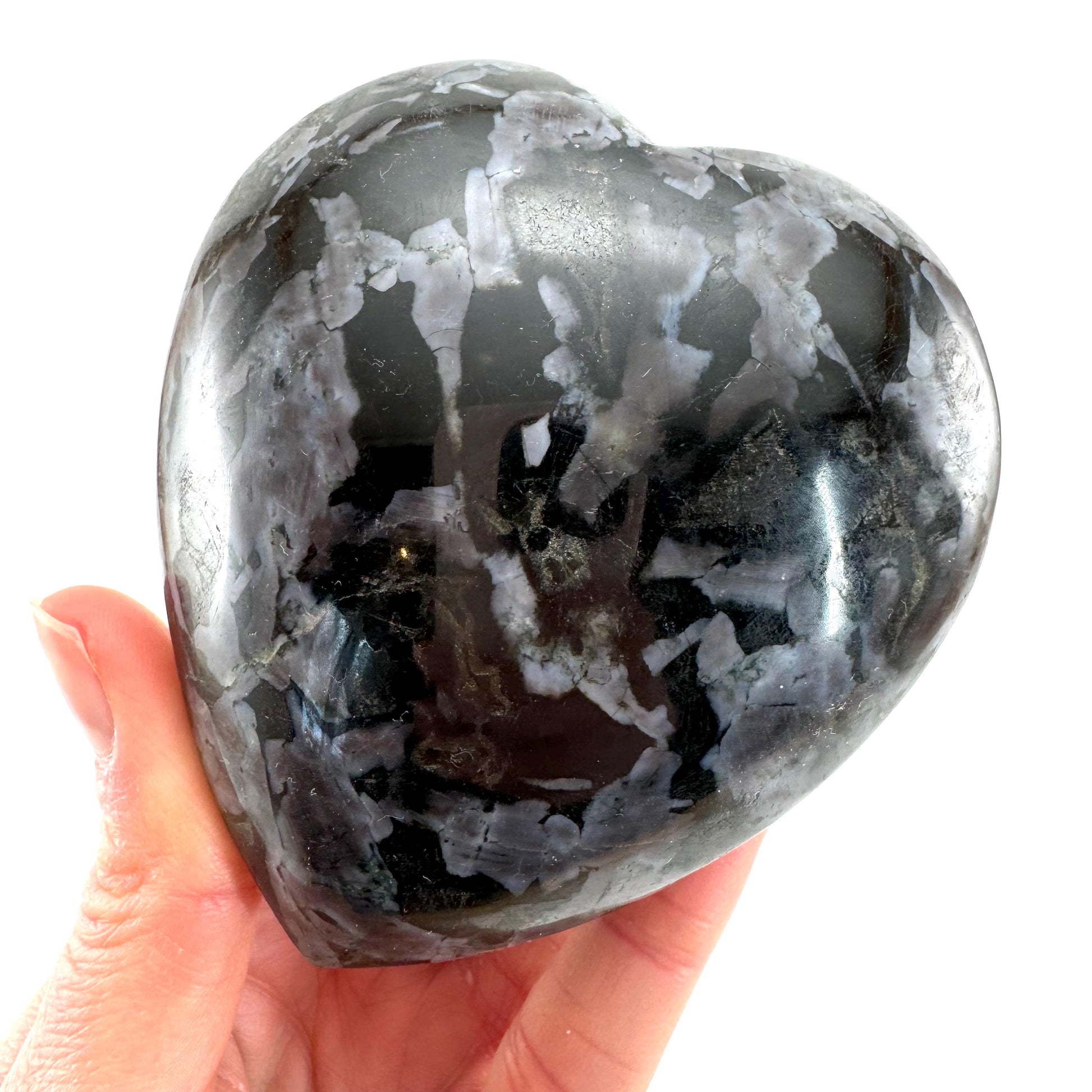 Indigo Gabbro Heart, merlinite heart, Gabbro Palm stone, Merlinite palm stone, Indigo Gabbro, crystal heart