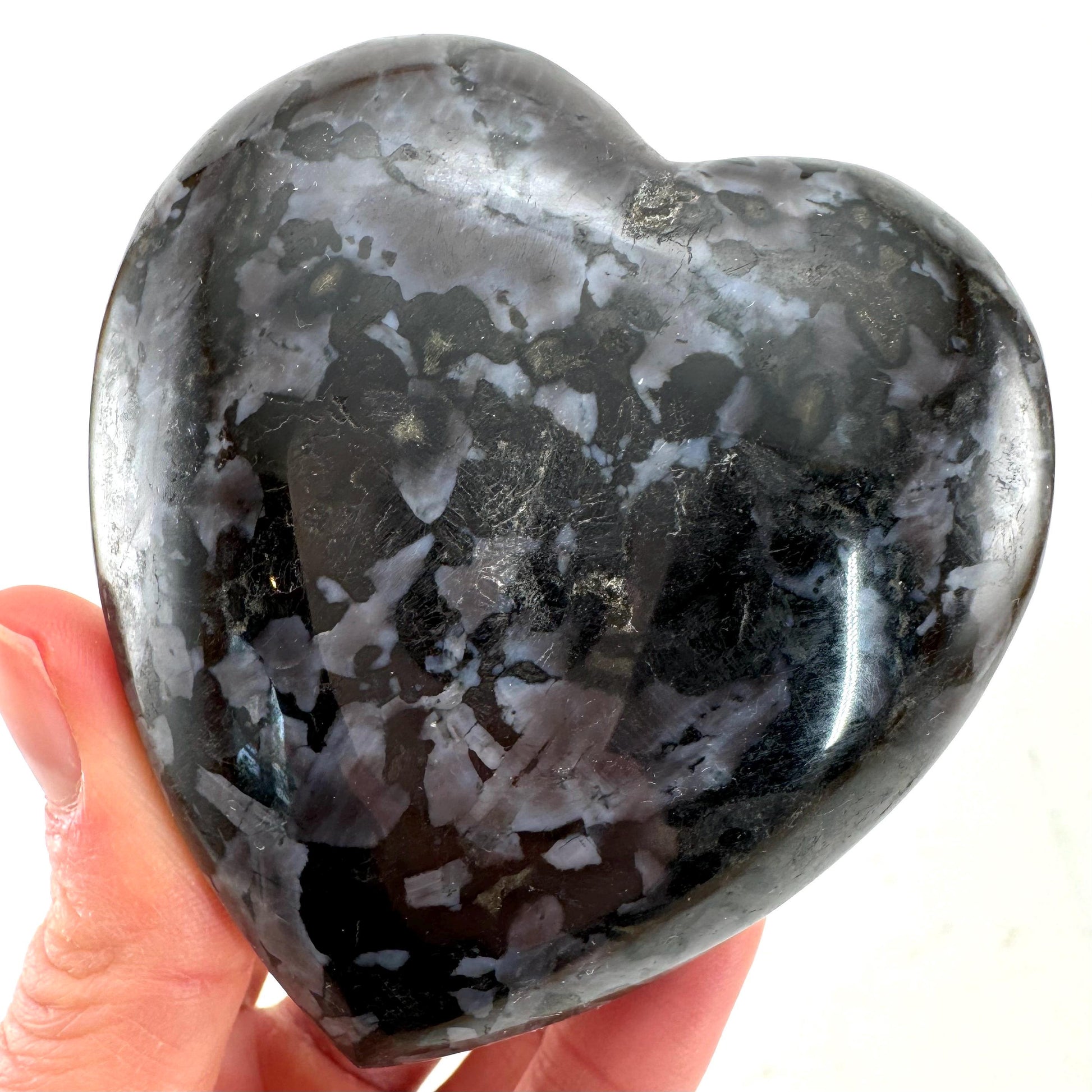 Indigo Gabbro Heart, merlinite heart, Gabbro Palm stone, Merlinite palm stone, Indigo Gabbro, crystal heart