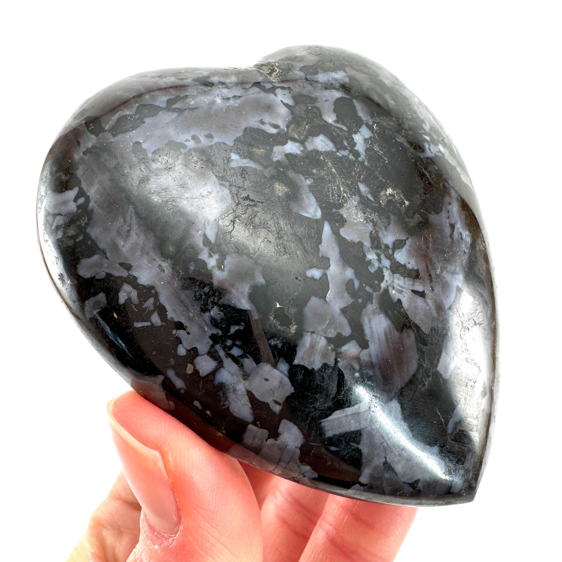 Indigo Gabbro Heart, merlinite heart, Gabbro Palm stone, Merlinite palm stone, Indigo Gabbro, crystal heart