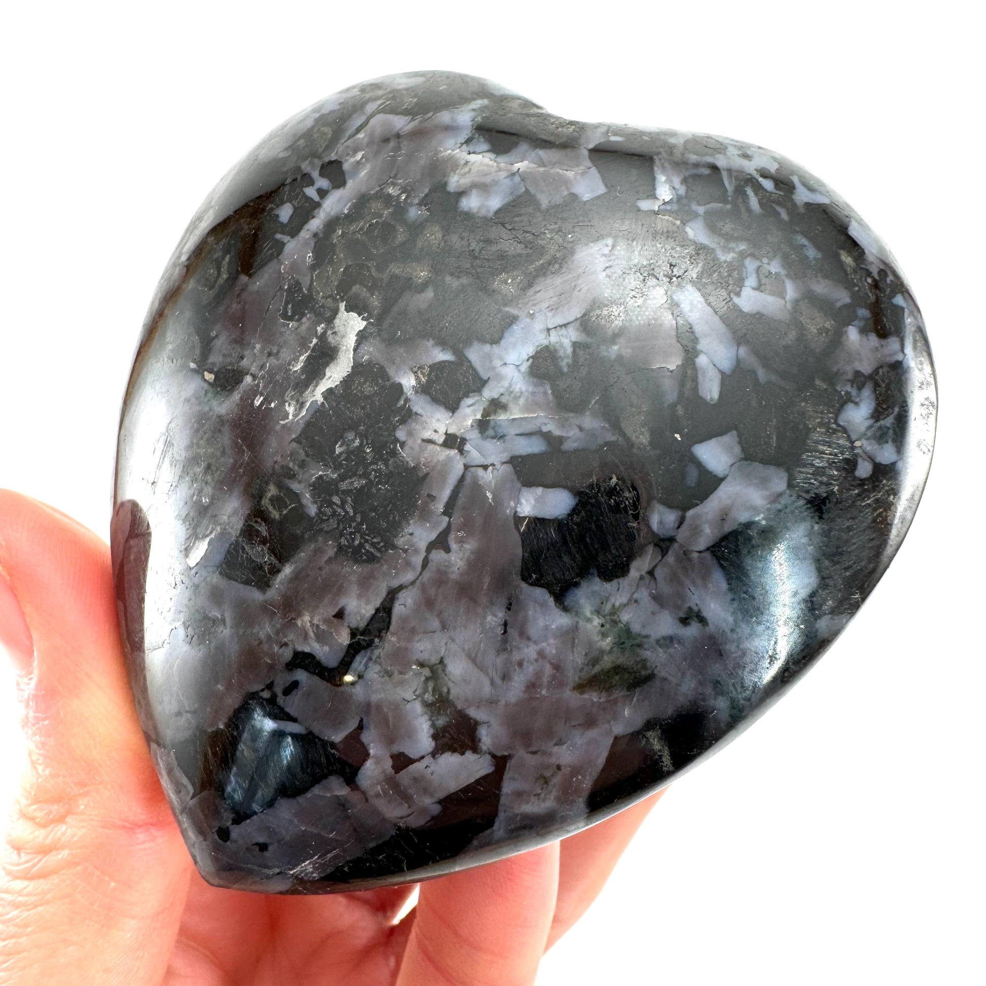 Indigo Gabbro Heart, merlinite heart, Gabbro Palm stone, Merlinite palm stone, Indigo Gabbro, crystal heart