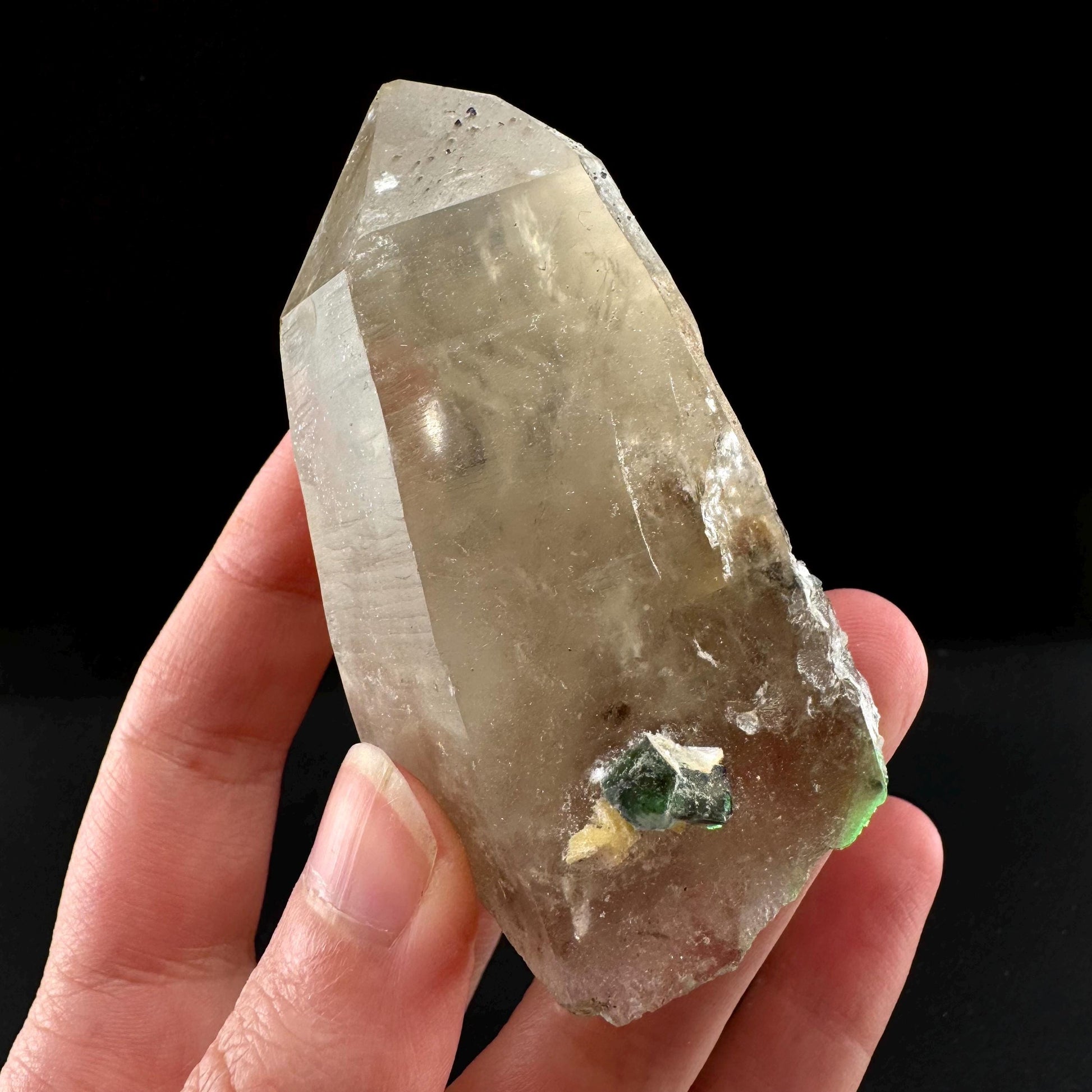 Smoky Quartz w/ Hyalite Opal & Fluorite (Namibia), UV reactive hyalite opal, smoky quartz crystal, rare minerals, fluorescent crystals