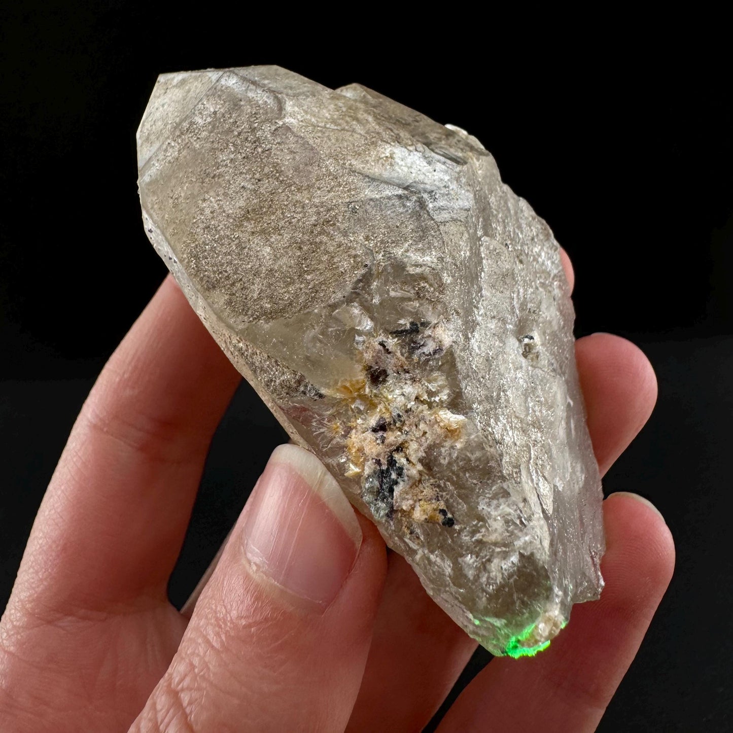 Smoky Quartz w/ Hyalite Opal & Fluorite (Namibia), UV reactive hyalite opal, smoky quartz crystal, rare minerals, fluorescent crystals