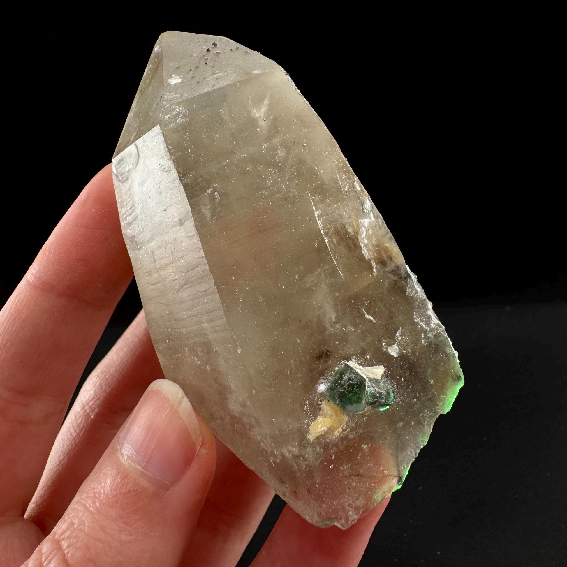 Smoky Quartz w/ Hyalite Opal & Fluorite (Namibia), UV reactive hyalite opal, smoky quartz crystal, rare minerals, fluorescent crystals