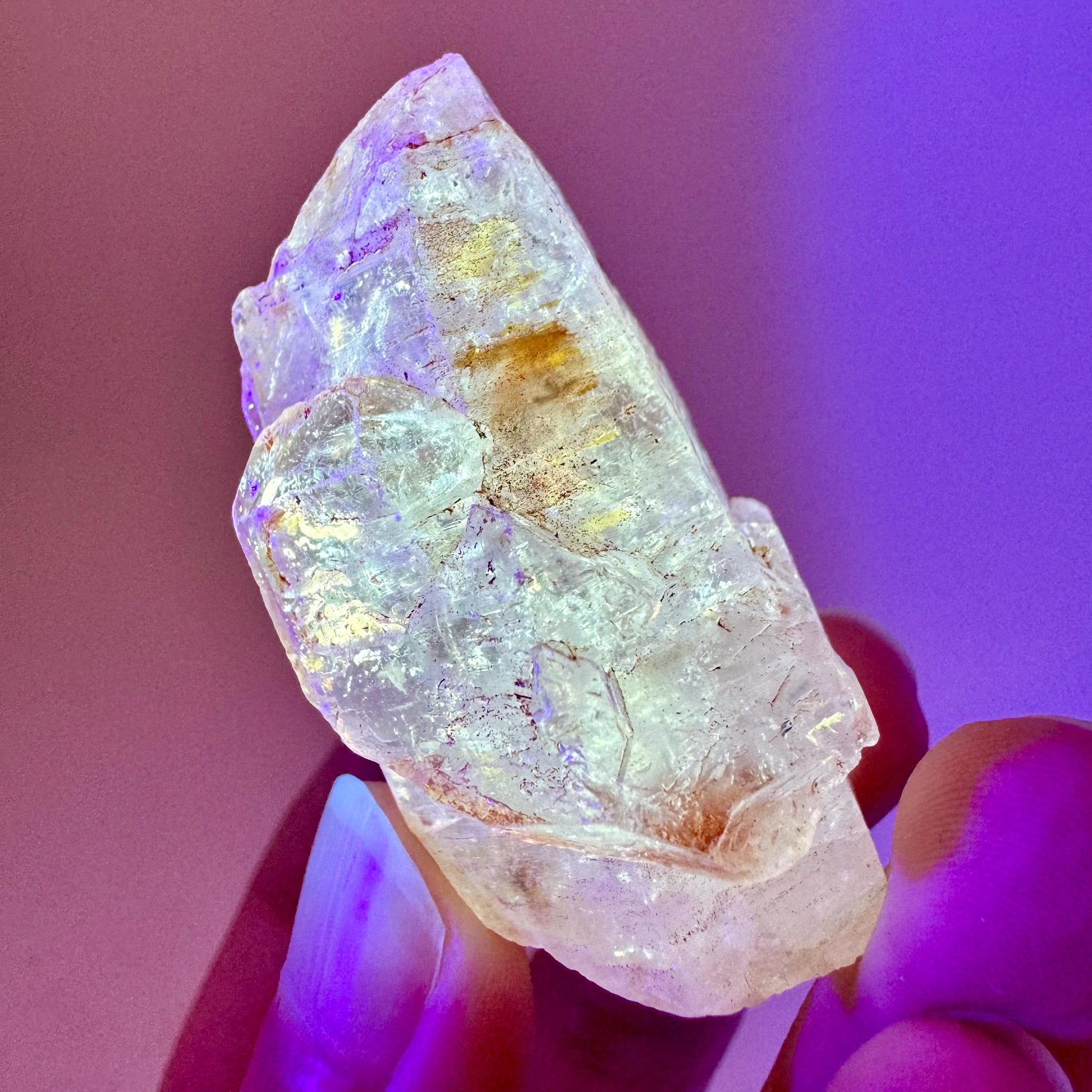 UV Reactive Petroleum Quartz Point (Madagascar) | natural petroleum quartz crystal, UV reactive crystal, enhydro quartz, firefly quartz