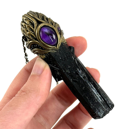Black Tourmaline & Amethyst Necklace, crystal pendant, gemstone necklace