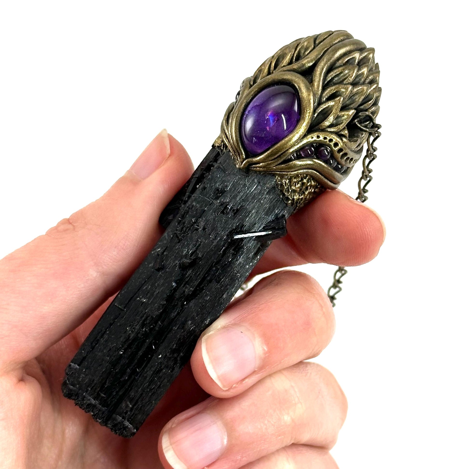Black Tourmaline & Amethyst Necklace, crystal pendant, gemstone necklace