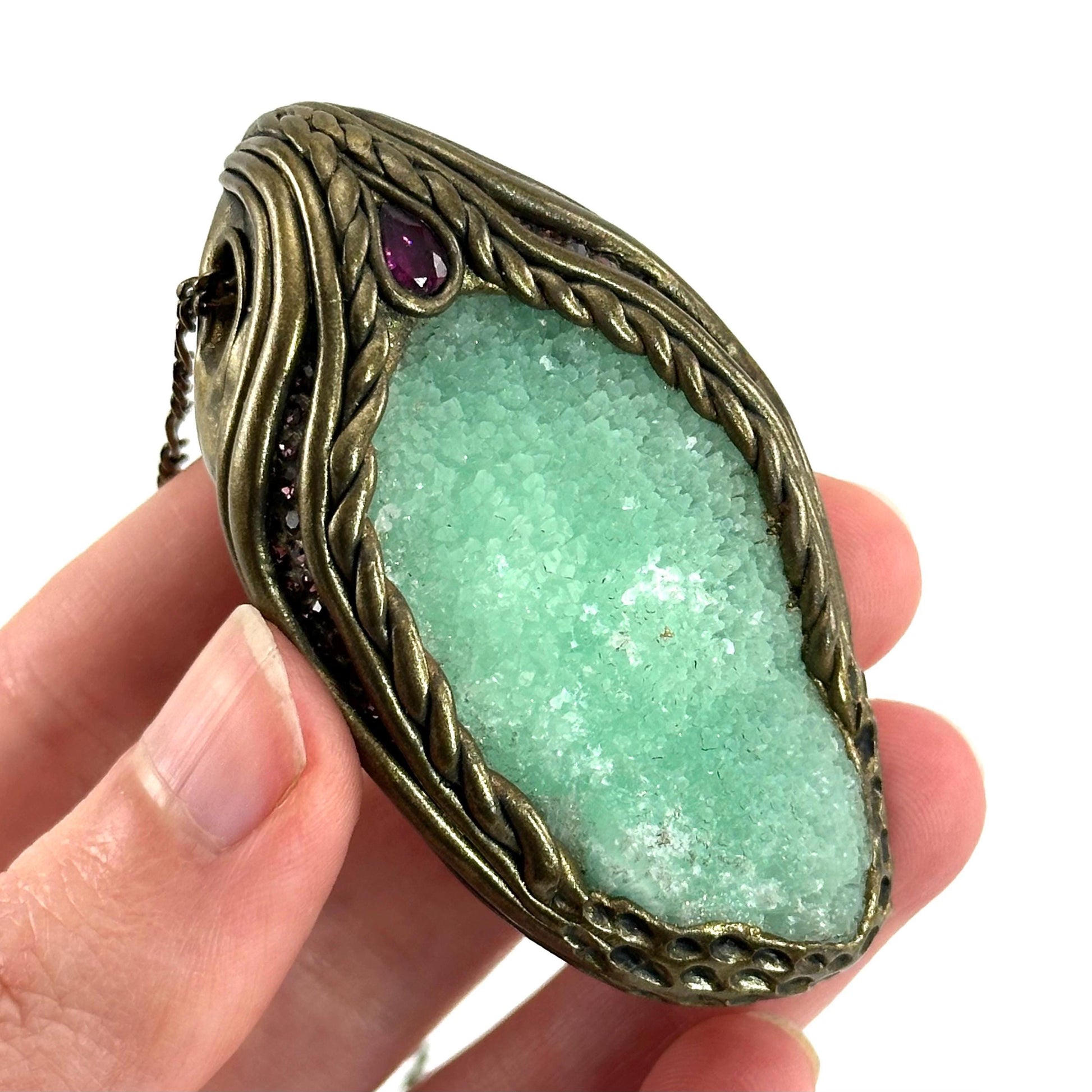 Blue Aragonite & Rhodolite Garnet Necklace, crystal pendant, gemstone necklace