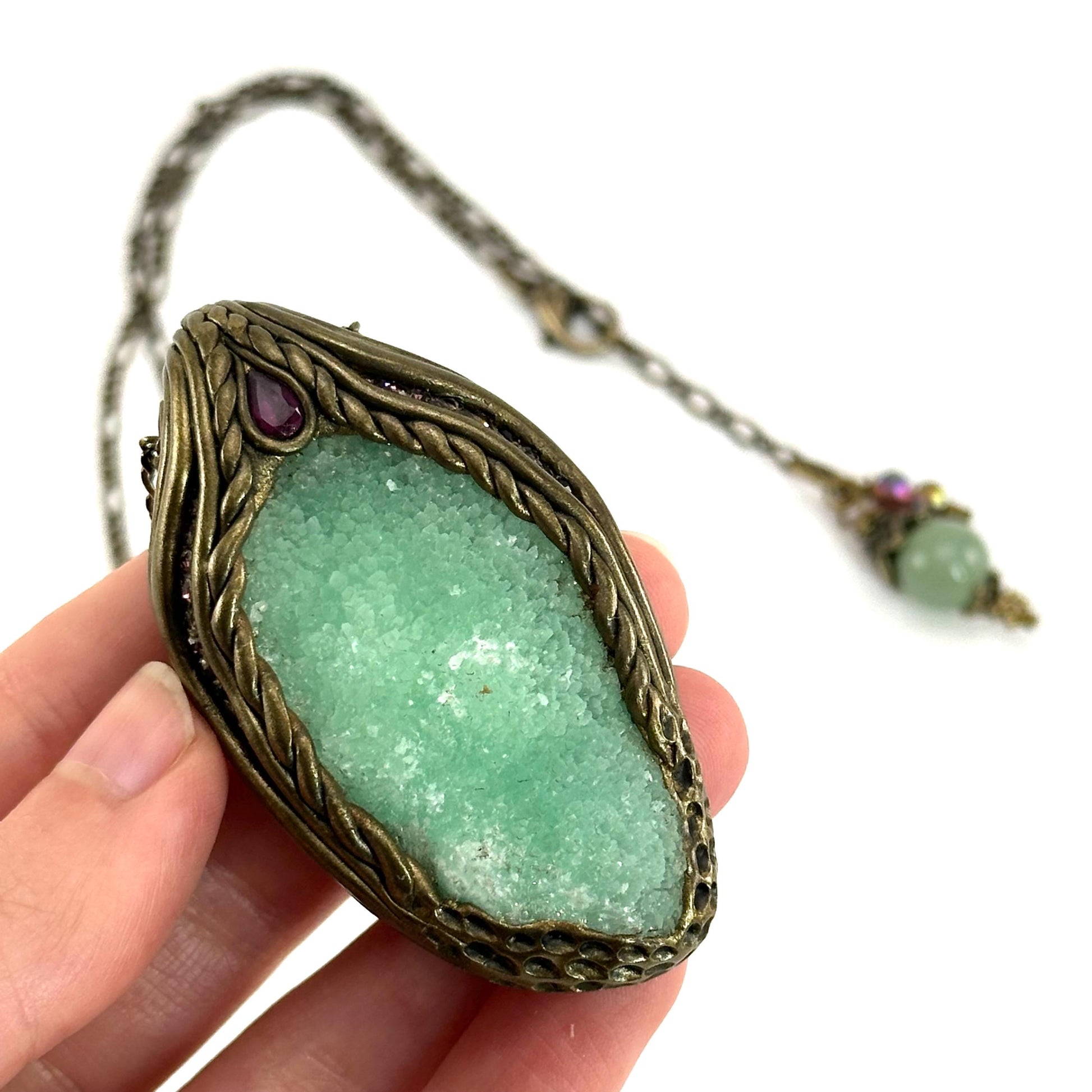 Blue Aragonite & Rhodolite Garnet Necklace, crystal pendant, gemstone necklace