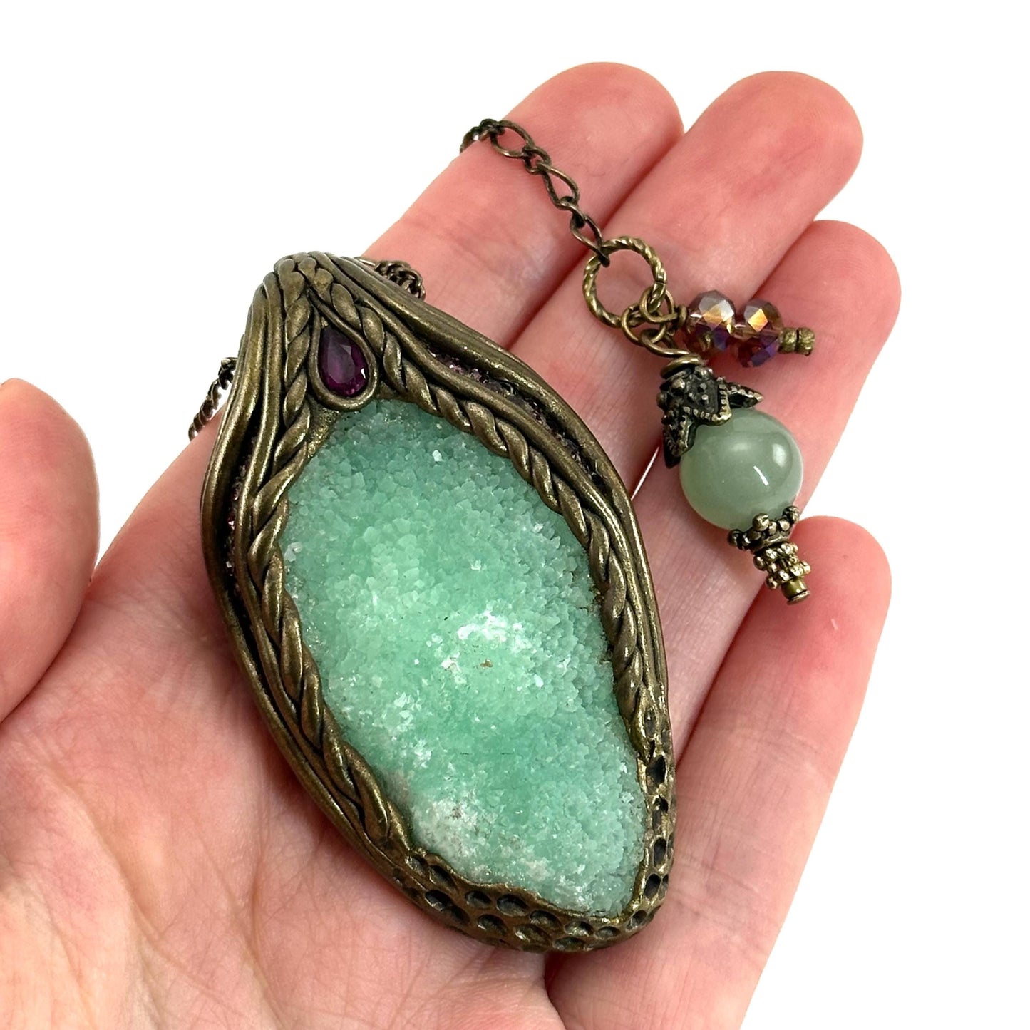 Blue Aragonite & Rhodolite Garnet Necklace, crystal pendant, gemstone necklace