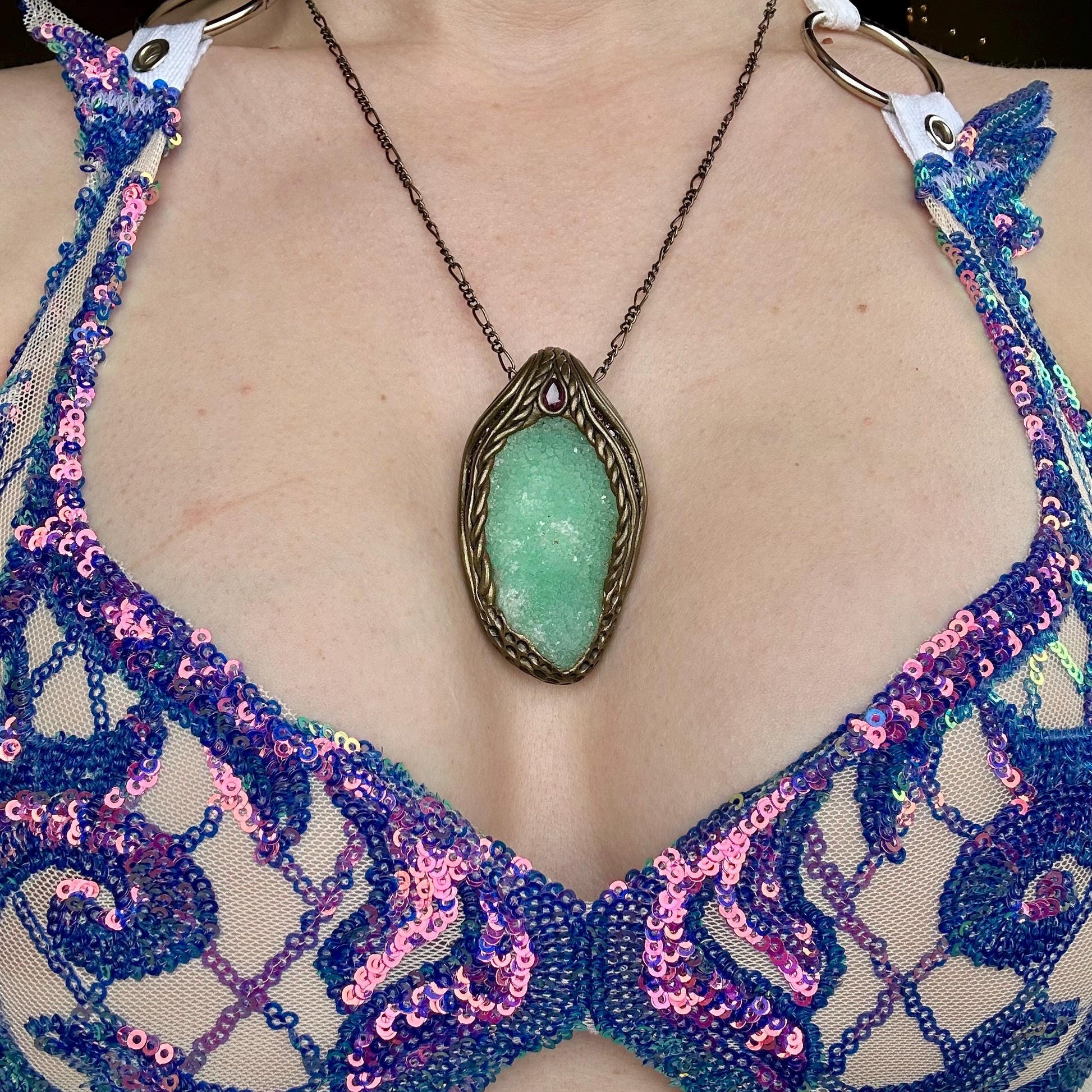 Blue Aragonite & Rhodolite Garnet Necklace, crystal pendant, gemstone necklace