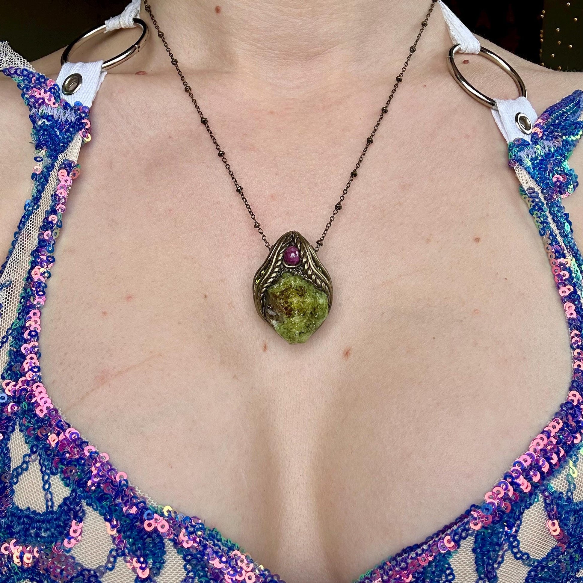 Grossular Garnet & Star Ruby Necklace, crystal pendant, gemstone necklace