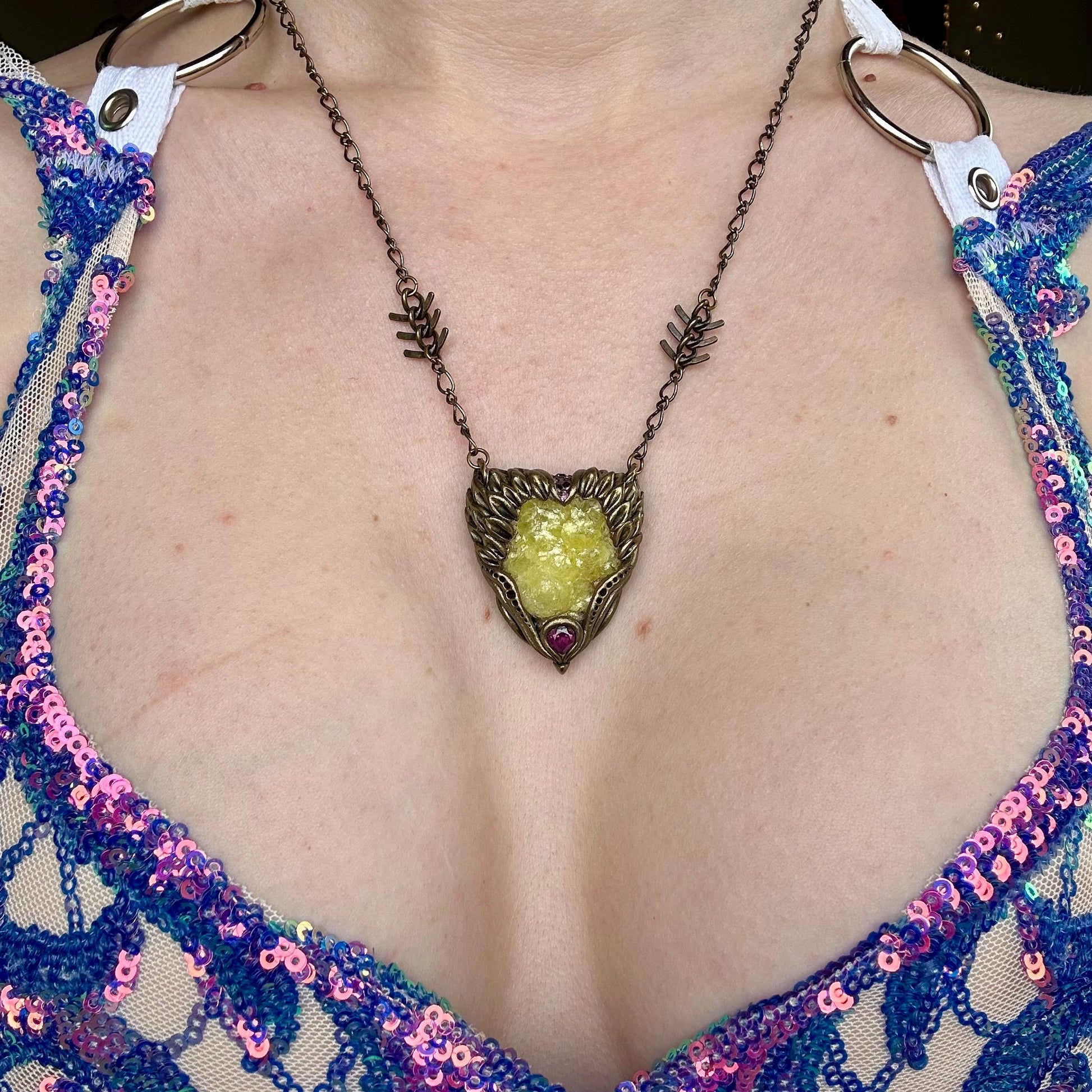 Brucite & Rhodolite Garnet Necklace, crystal pendant, gemstone necklace