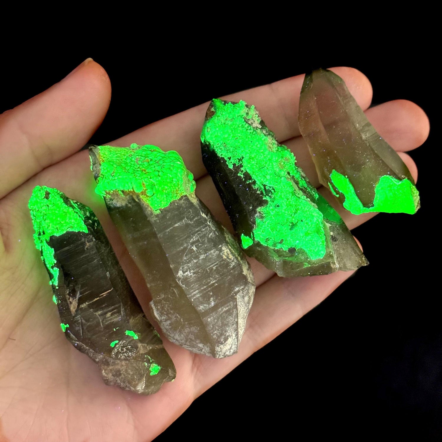 ONE Hyalite Opal on Smoky Quartz Point (Namibia) | UV reactive Hyalite Opal on smoky quartz, smoky quartz crystal
