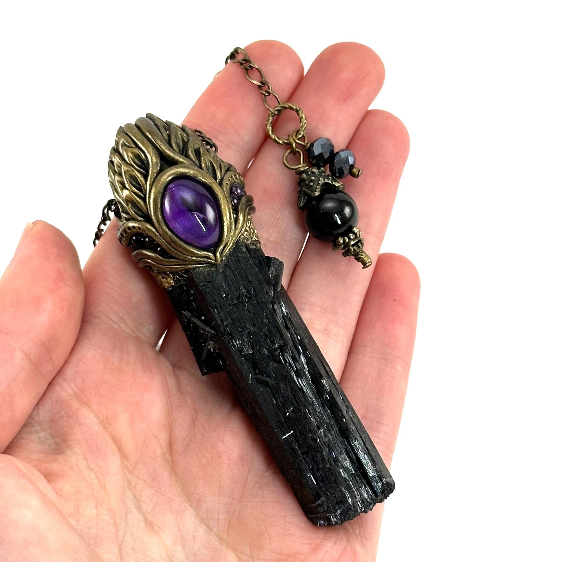 Black Tourmaline & Amethyst Necklace, crystal pendant, gemstone necklace