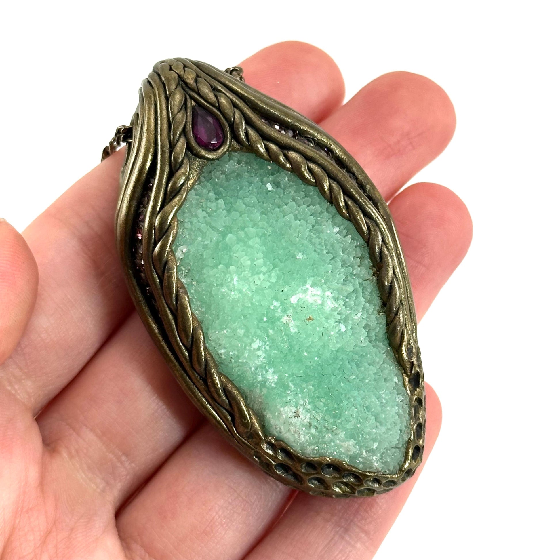 Blue Aragonite & Rhodolite Garnet Necklace, crystal pendant, gemstone necklace