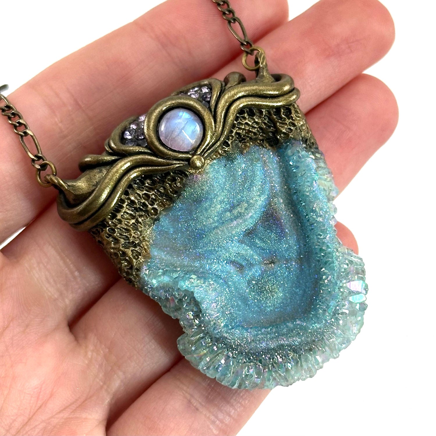 Aura Chalcedony & Rainbow Moonstone Necklace, crystal pendant, gemstone necklace