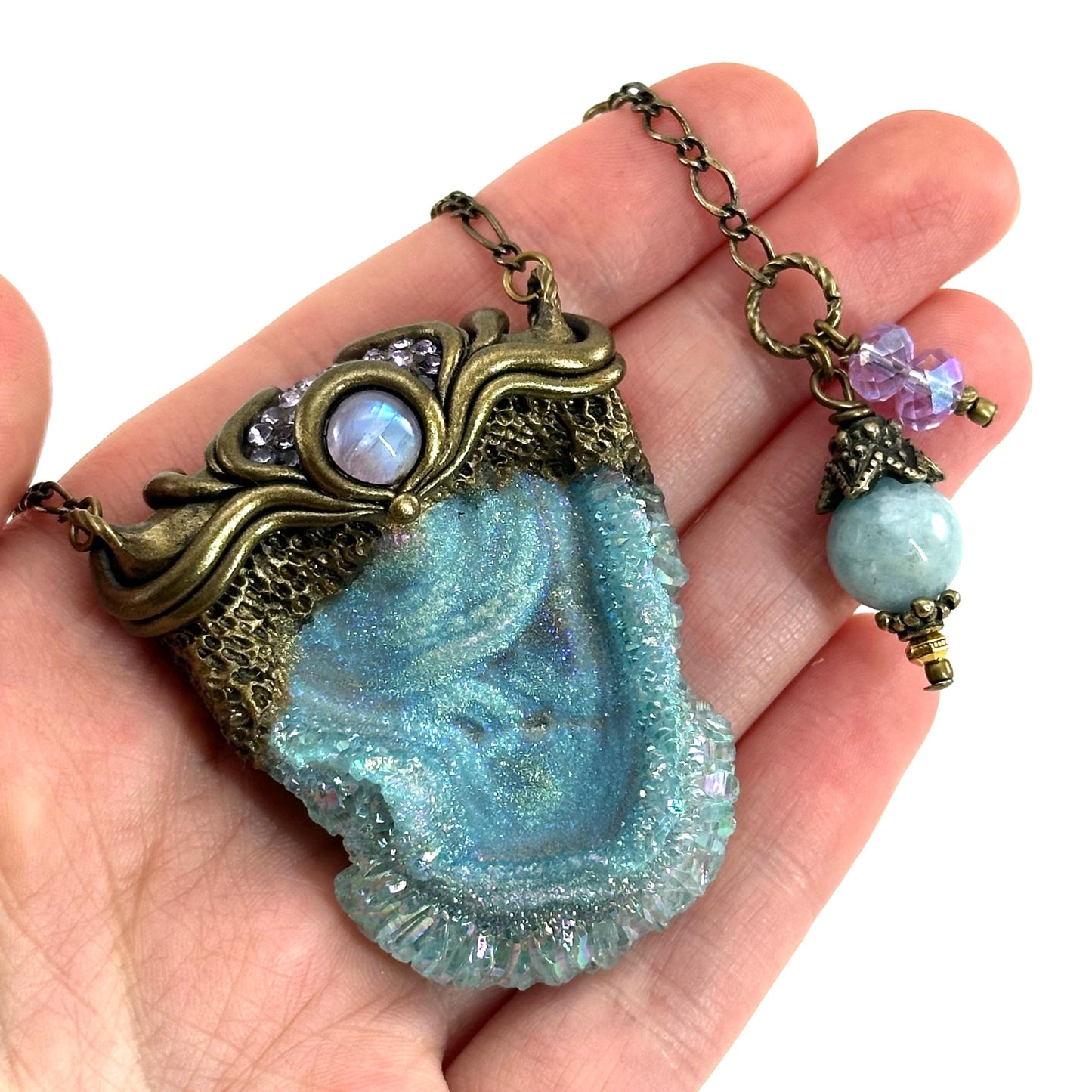 Aura Chalcedony & Rainbow Moonstone Necklace, crystal pendant, gemstone necklace