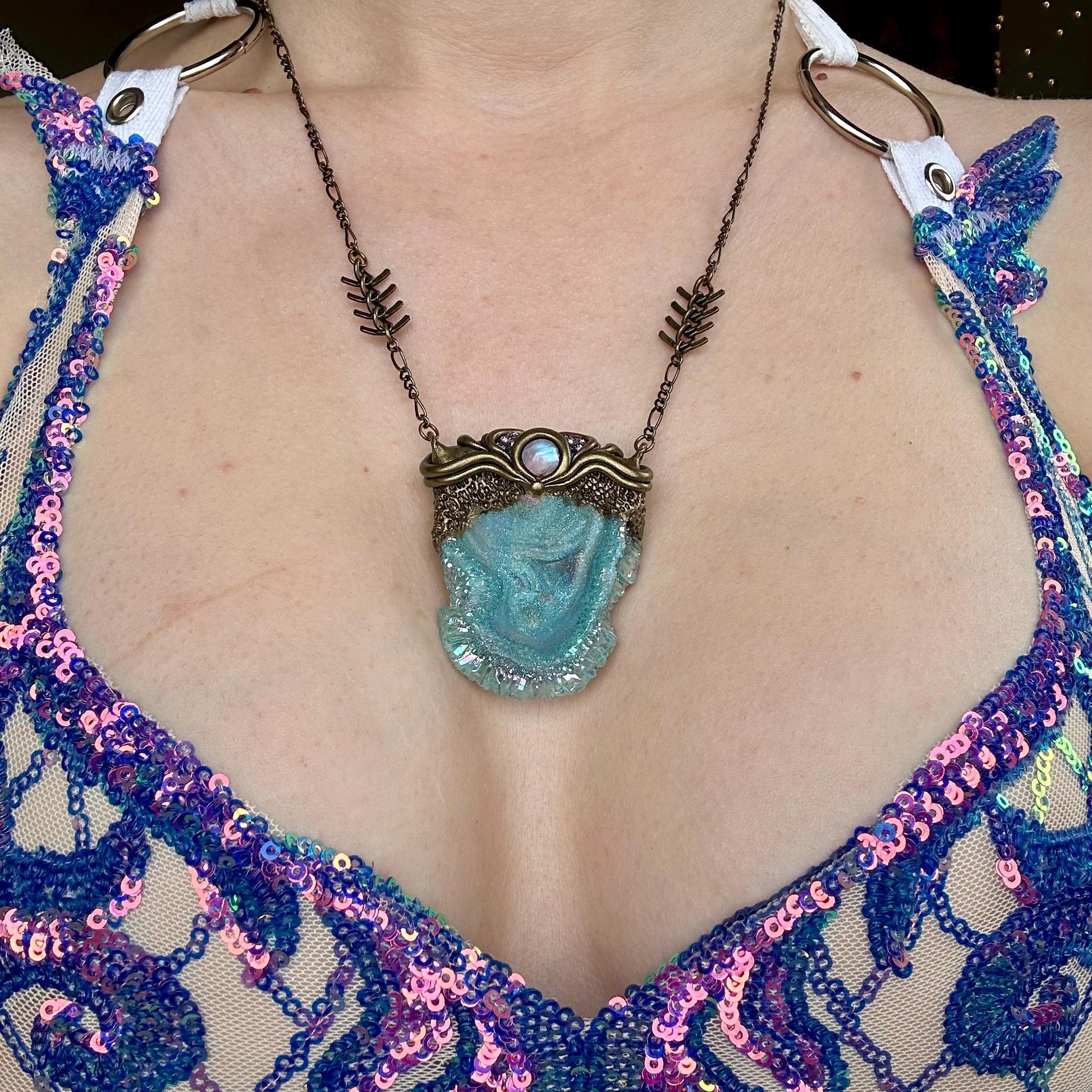 Aura Chalcedony & Rainbow Moonstone Necklace, crystal pendant, gemstone necklace