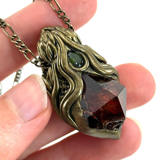 Red Zircon & Green Tourmaline Necklace, crystal pendant, gemstone necklace