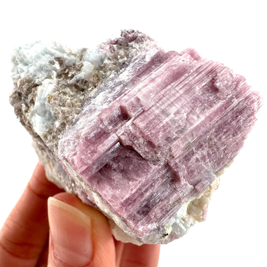 Pink Tourmaline with Lepidolite in Quartz (Namibia), raw tourmaline, rubellite, pink tourmaline, raw lepidolite
