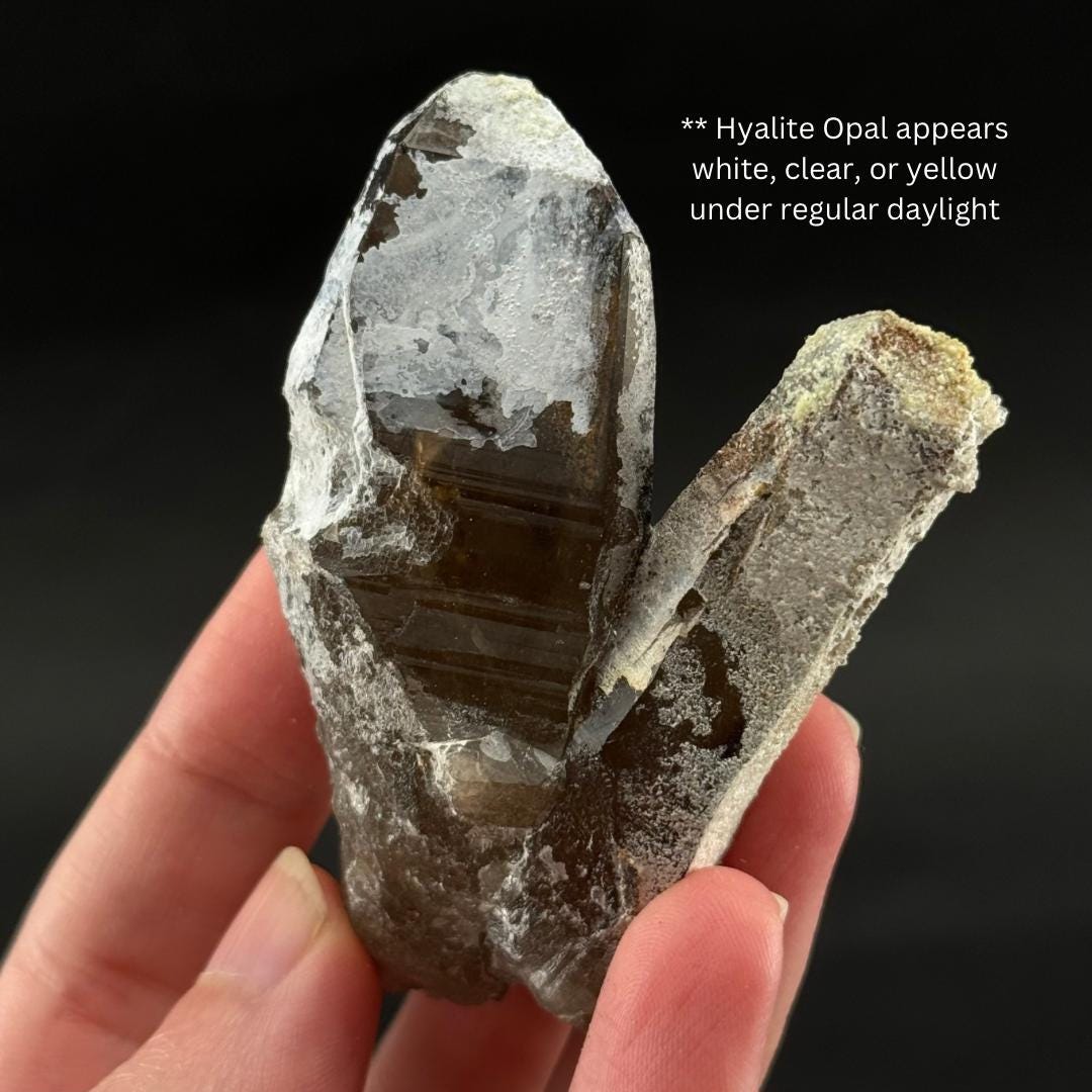 ONE Hyalite Opal on Smoky Quartz Point (Namibia) | UV reactive Hyalite Opal on smoky quartz, smoky quartz crystal