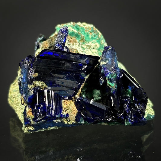 Azurite w/ Malachite (Tsumeb, Namibia), azurite crystal, mineral specimen