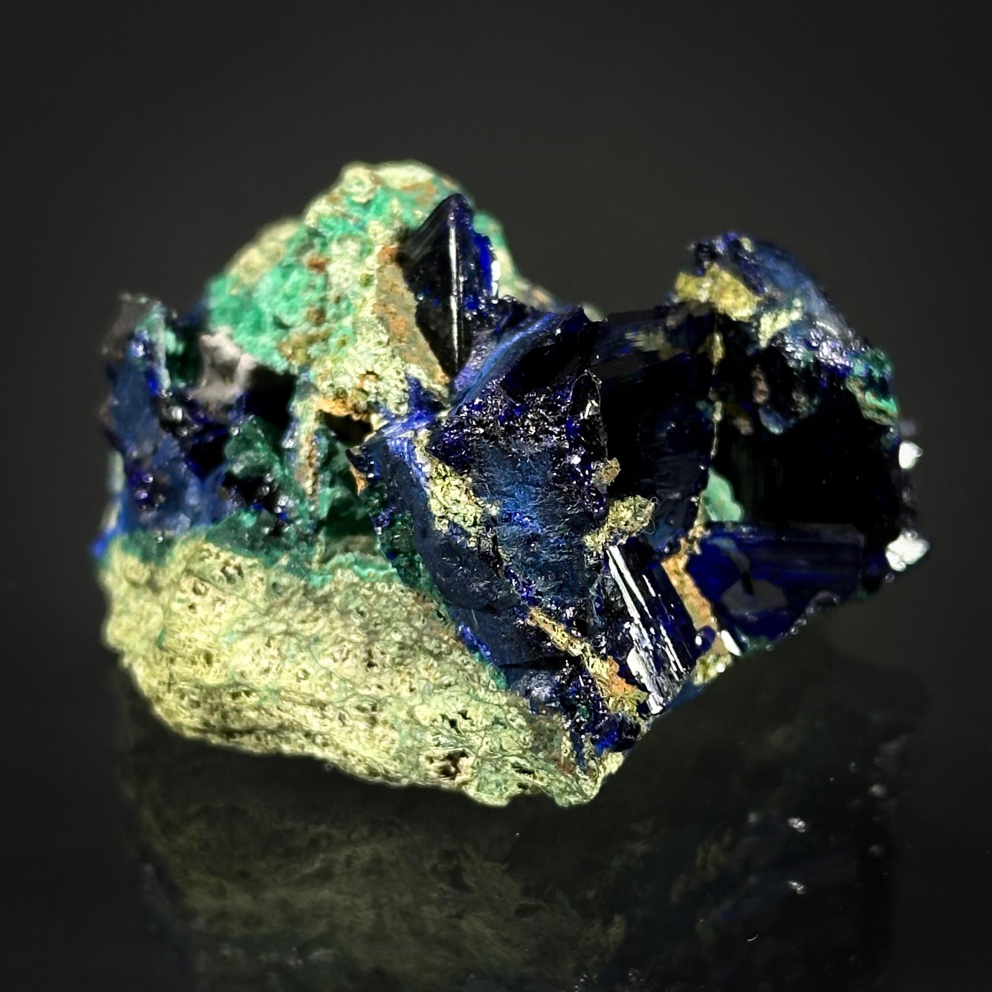 Azurite w/ Malachite (Tsumeb, Namibia), azurite crystal, mineral specimen