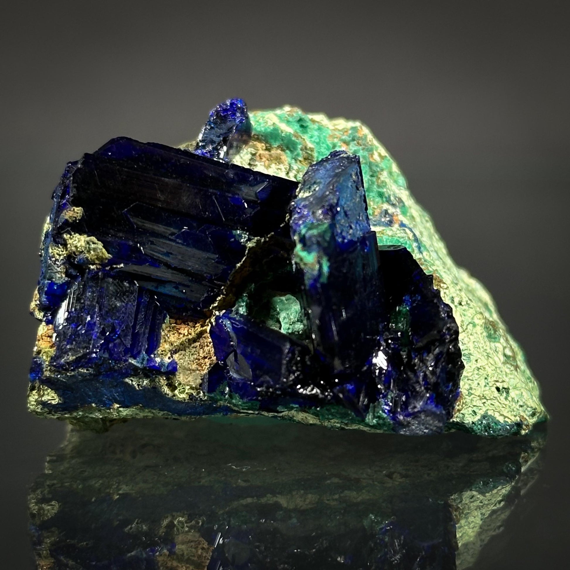 Azurite w/ Malachite (Tsumeb, Namibia), azurite crystal, mineral specimen