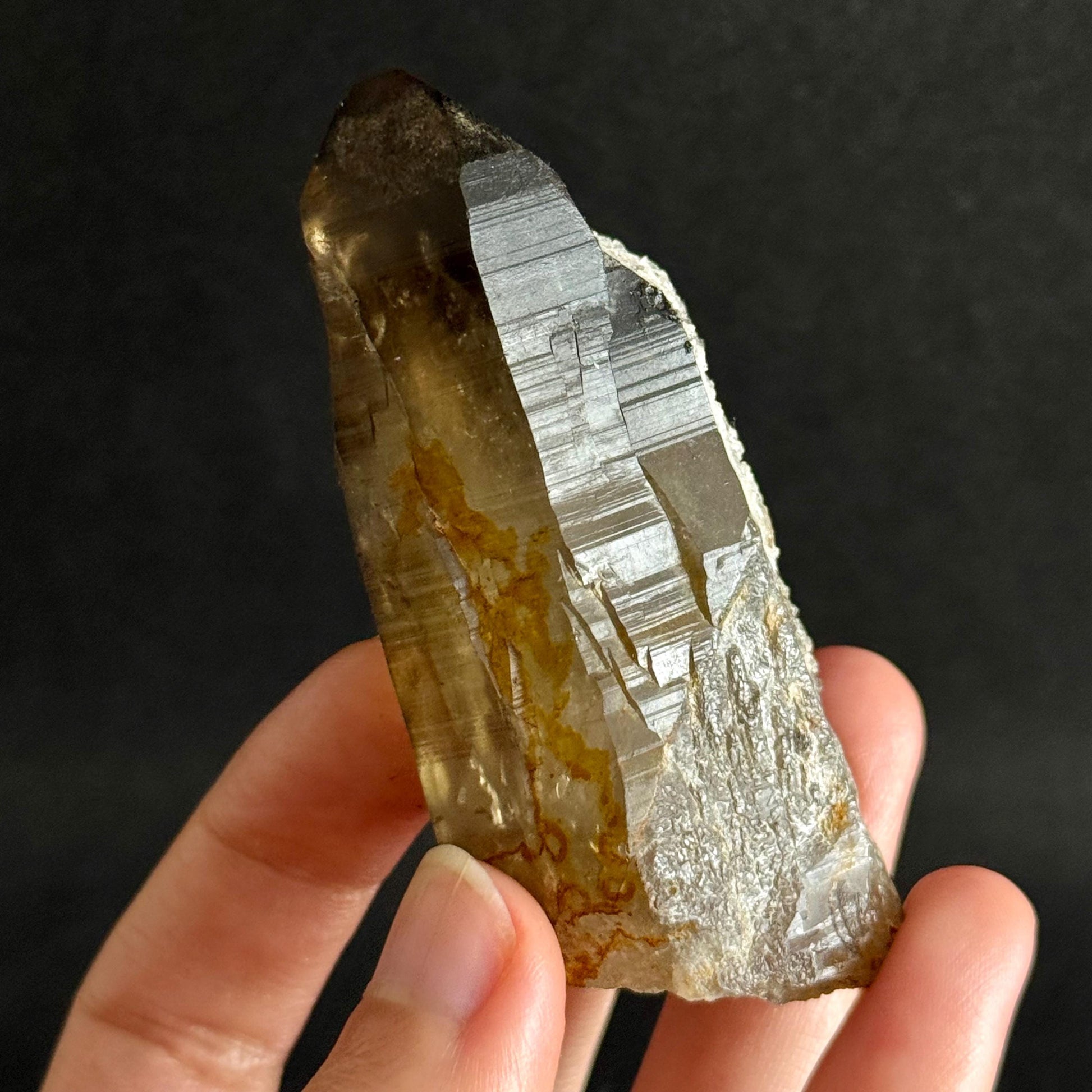 Hyalite Opal on Smoky Quartz (Namibia) | UV reactive Hyalite Opal on smoky quartz crystal