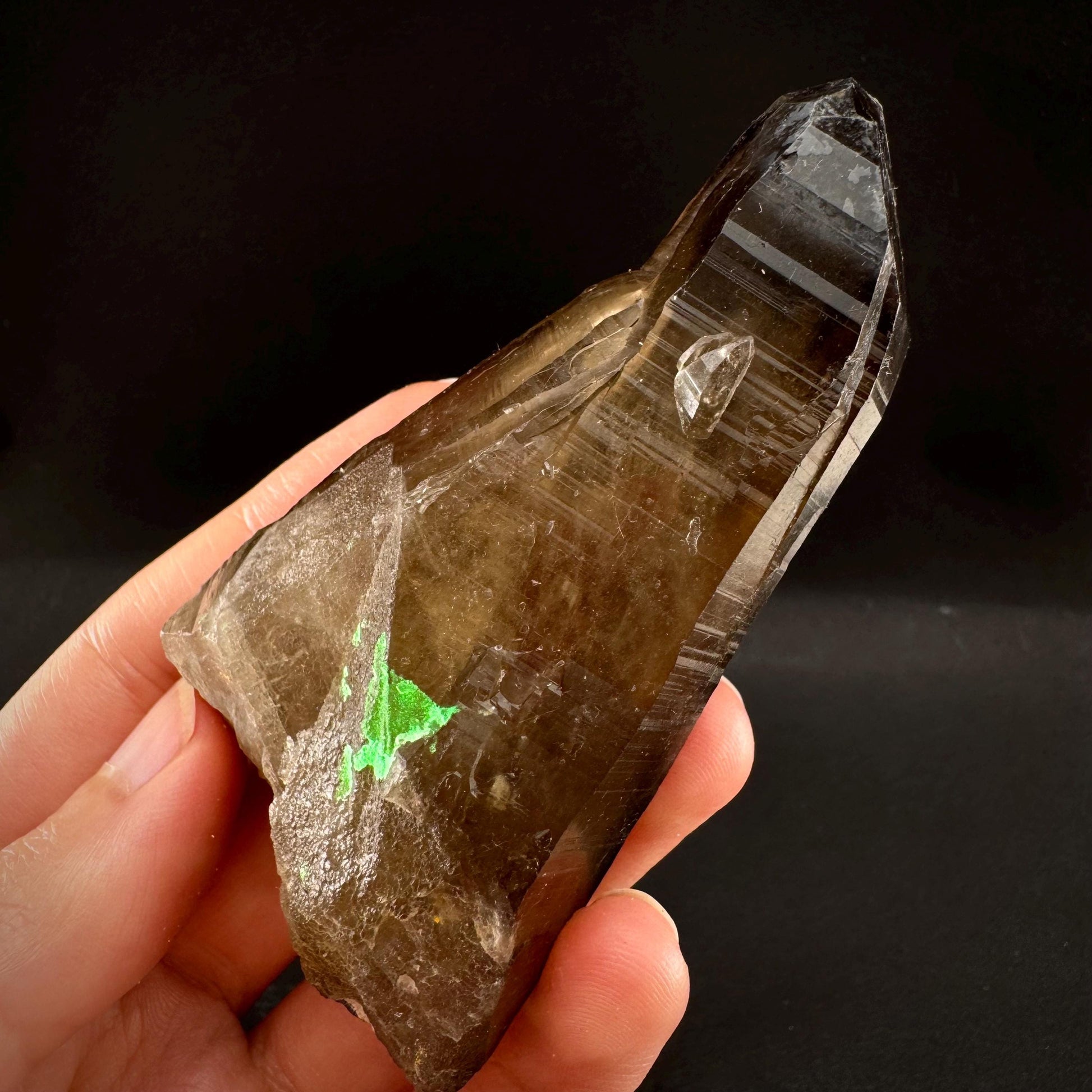 Hyalite Opal on Smoky Quartz (Namibia) | UV reactive Hyalite Opal on smoky quartz crystal