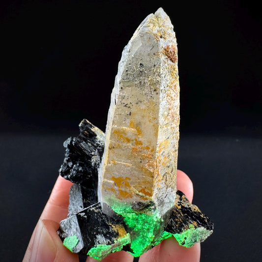 Hyalite Opal on Smoky Quartz w/ Black Tourmaline (Namibia) | UV reactive Hyalite Opal on smoky quartz crystal