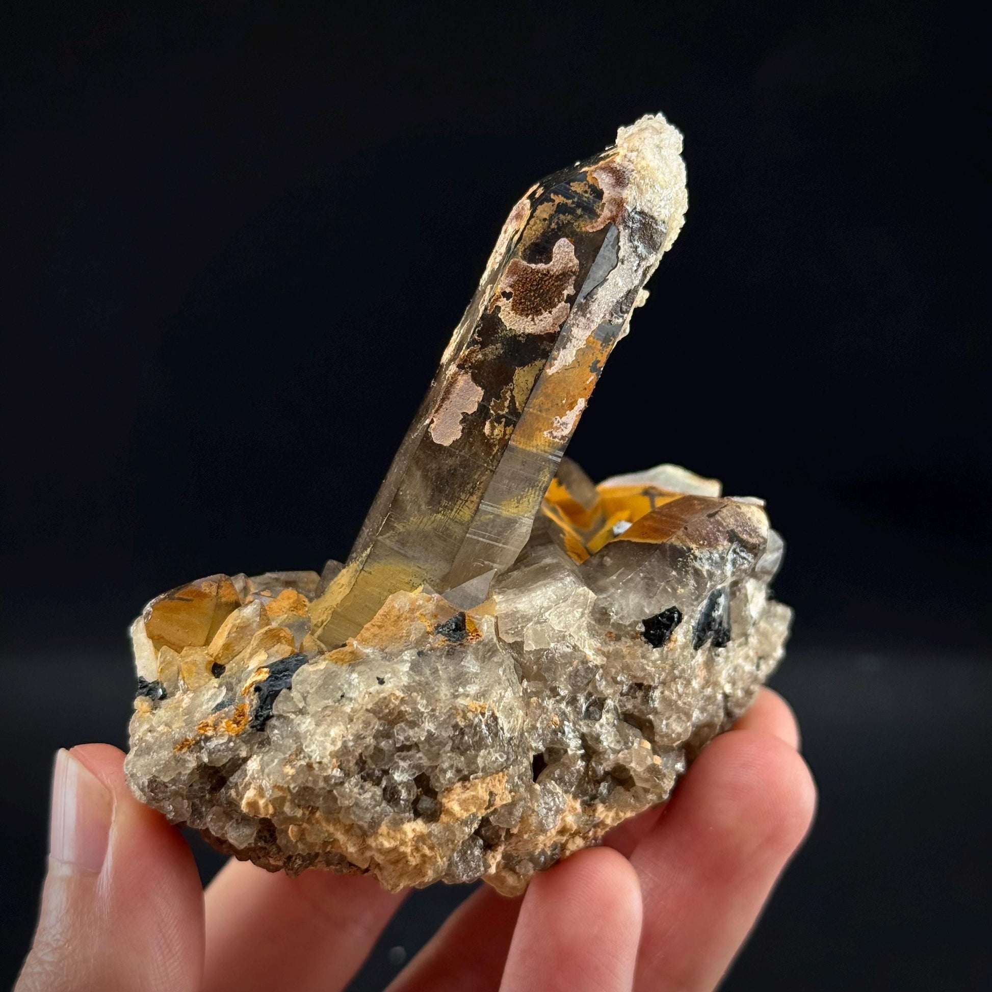 Hyalite Opal on Smoky Quartz (Namibia) | UV reactive Hyalite Opal on smoky quartz crystal