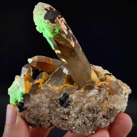 Hyalite Opal on Smoky Quartz (Namibia) | UV reactive Hyalite Opal on smoky quartz crystal