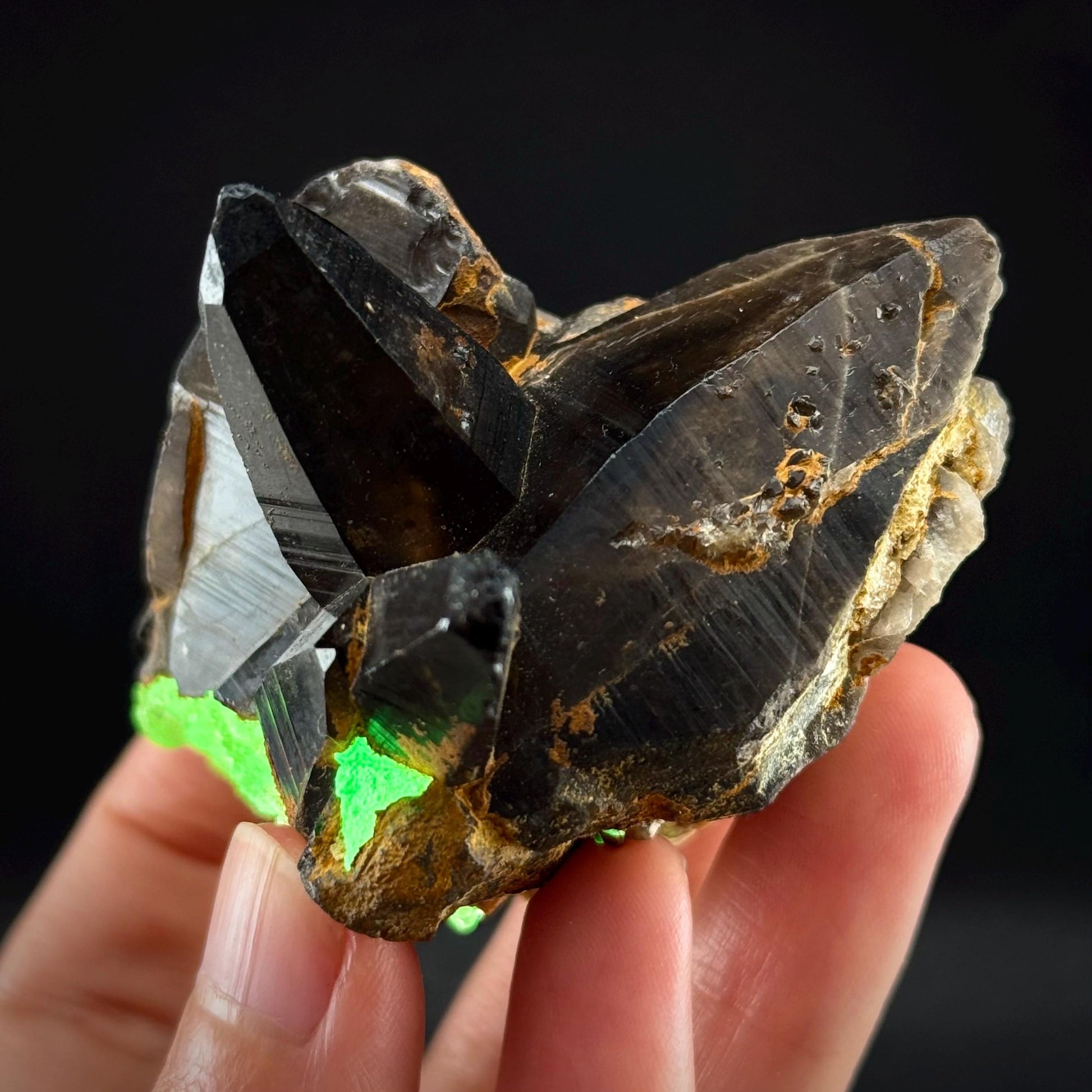 Hyalite Opal on Smoky Quartz (Namibia) | UV reactive Hyalite Opal on smoky quartz crystal