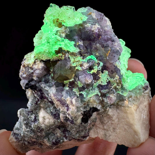 Fluorite w/ Hyalite Opal (Namibia) | UV reactive Hyalite Opal on fluorite crystal, mineral specimen