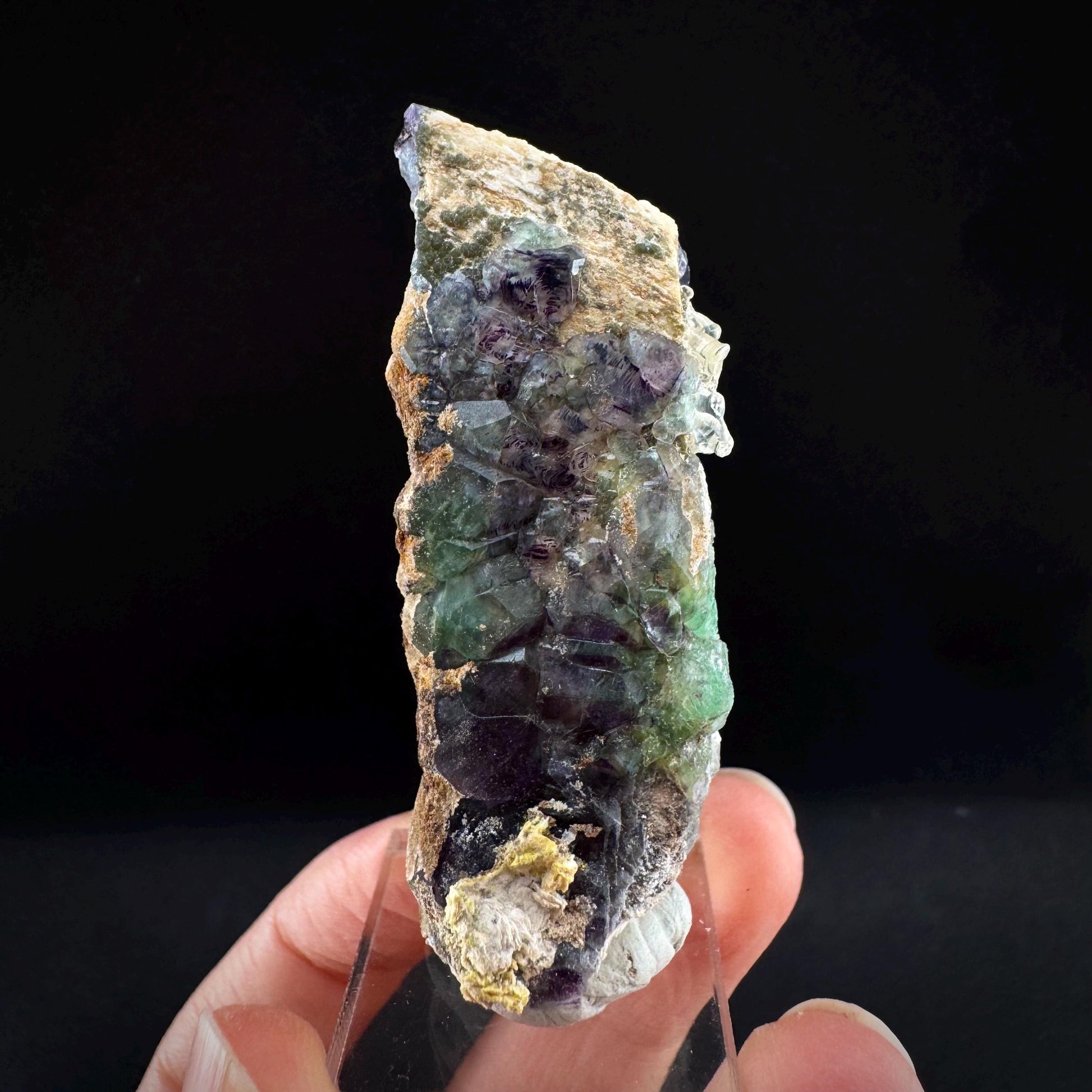 Fluorite w/ Hyalite Opal on Feldspar (Namibia) | UV reactive Hyalite Opal on fluorite crystal, mineral specimen