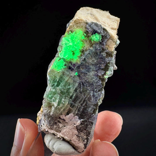 Fluorite w/ Hyalite Opal on Feldspar (Namibia) | UV reactive Hyalite Opal on fluorite crystal, mineral specimen