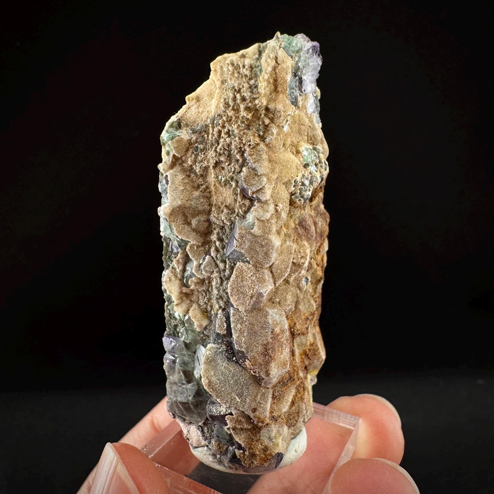 Fluorite w/ Hyalite Opal on Feldspar (Namibia) | UV reactive Hyalite Opal on fluorite crystal, mineral specimen