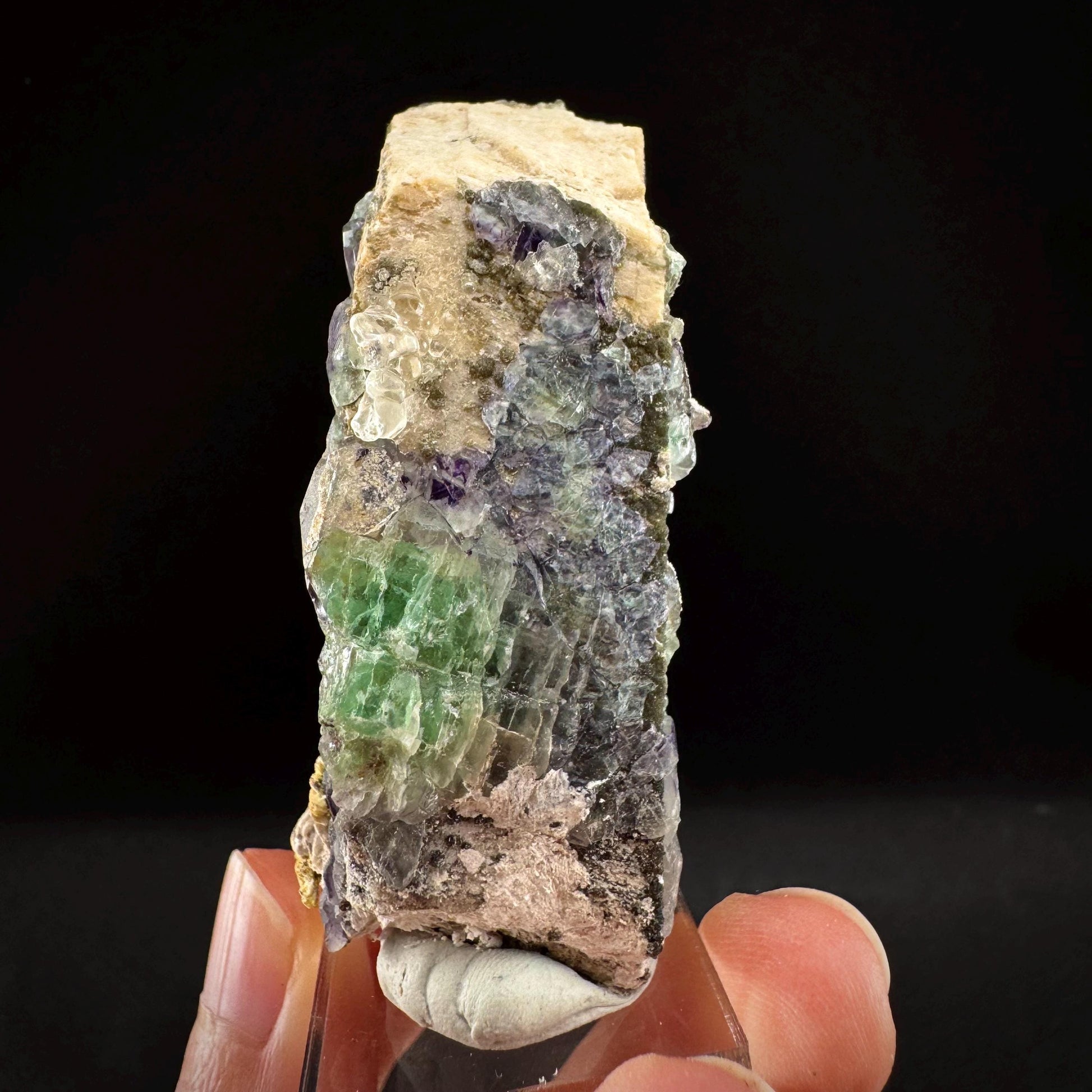 Fluorite w/ Hyalite Opal on Feldspar (Namibia) | UV reactive Hyalite Opal on fluorite crystal, mineral specimen