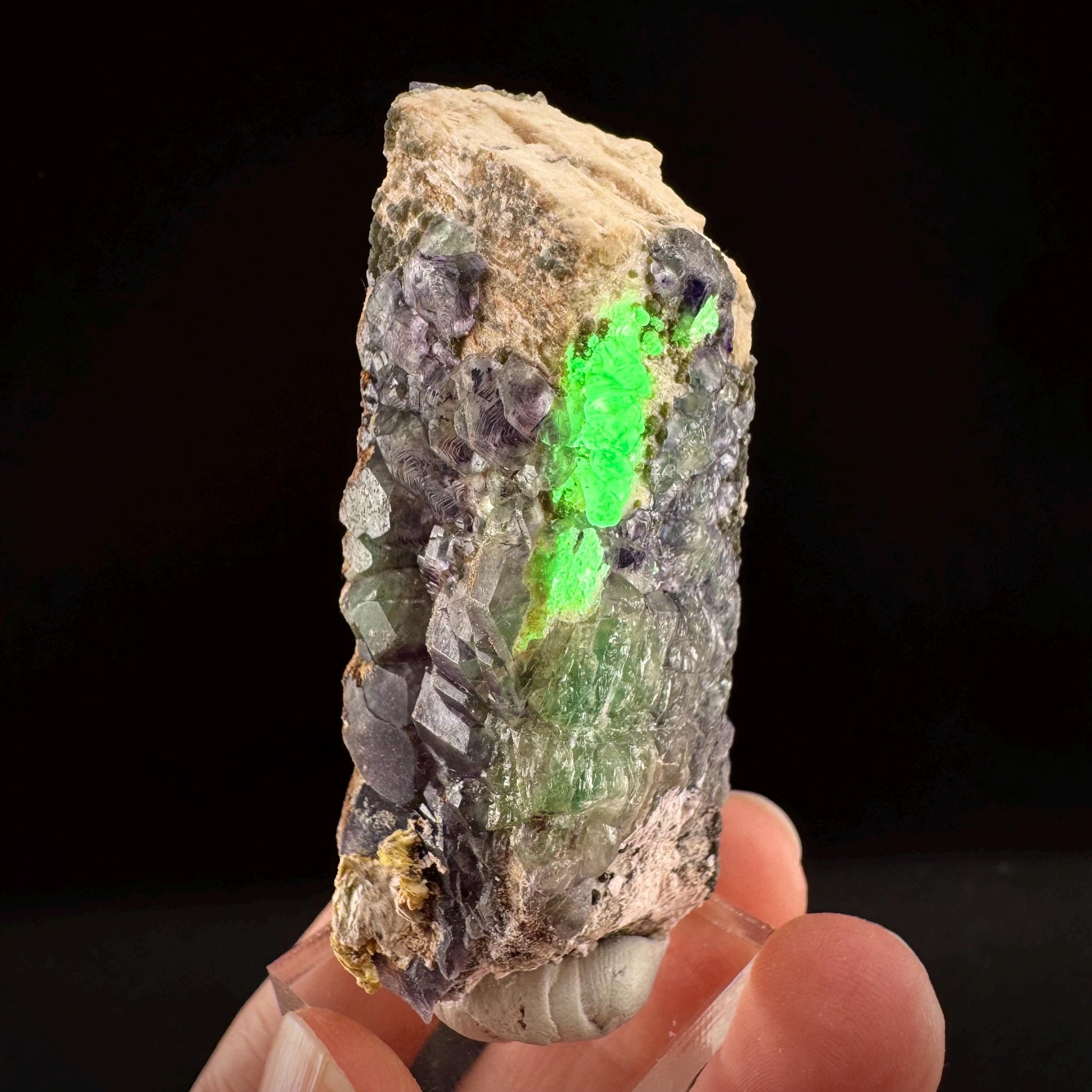 Fluorite w/ Hyalite Opal on Feldspar (Namibia) | UV reactive Hyalite Opal on fluorite crystal, mineral specimen