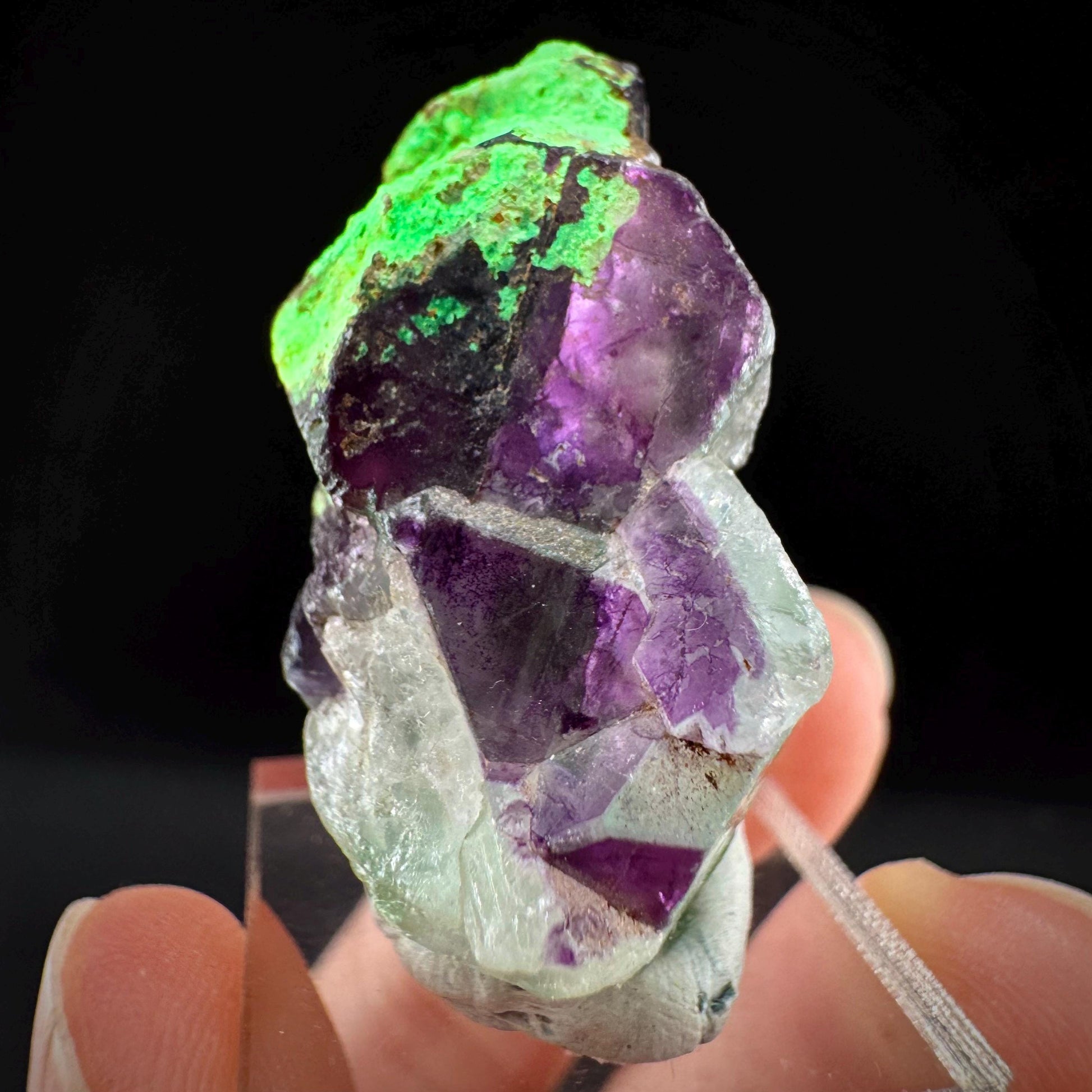 Fluorite w/ Hyalite Opal (Namibia) | UV reactive Hyalite Opal on fluorite crystal, mineral specimen