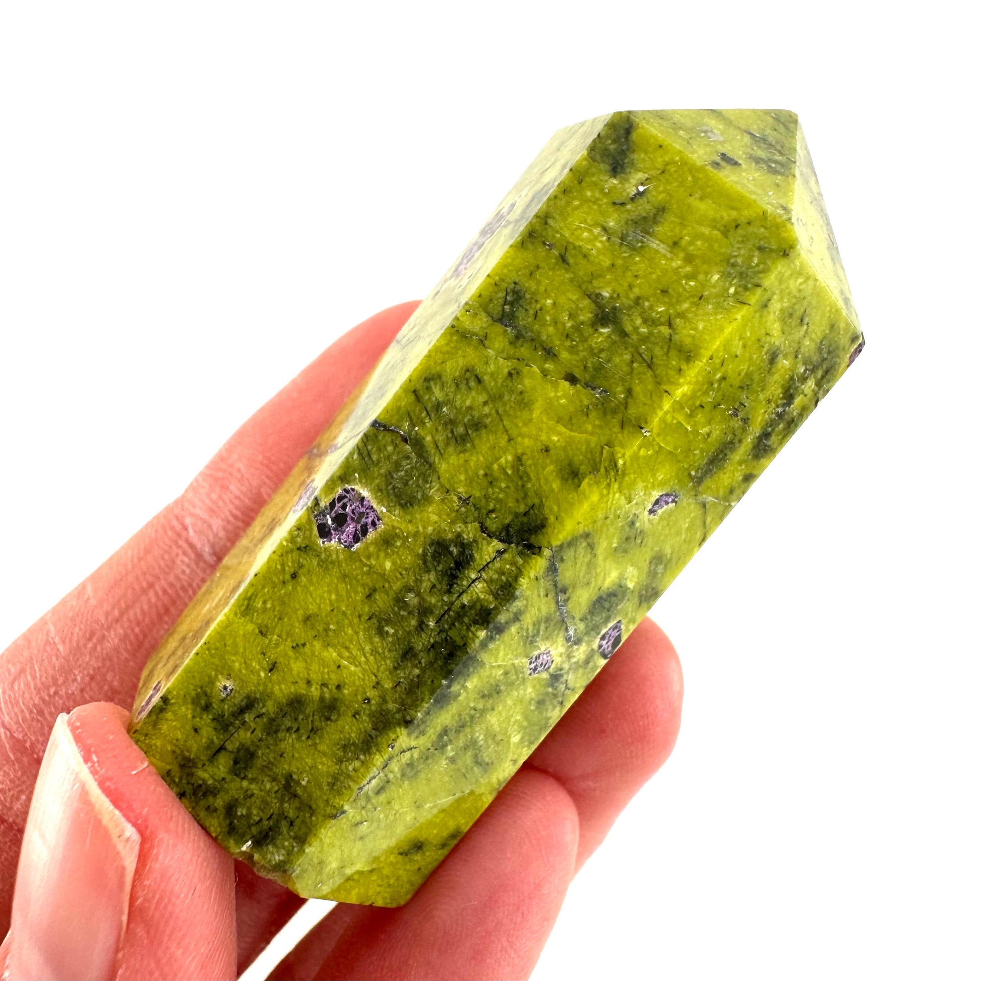 Atlantisite Point (Tasmania) | polished atlantisite crystal tower, stichtite in serpentine, crystal point, rare minerals