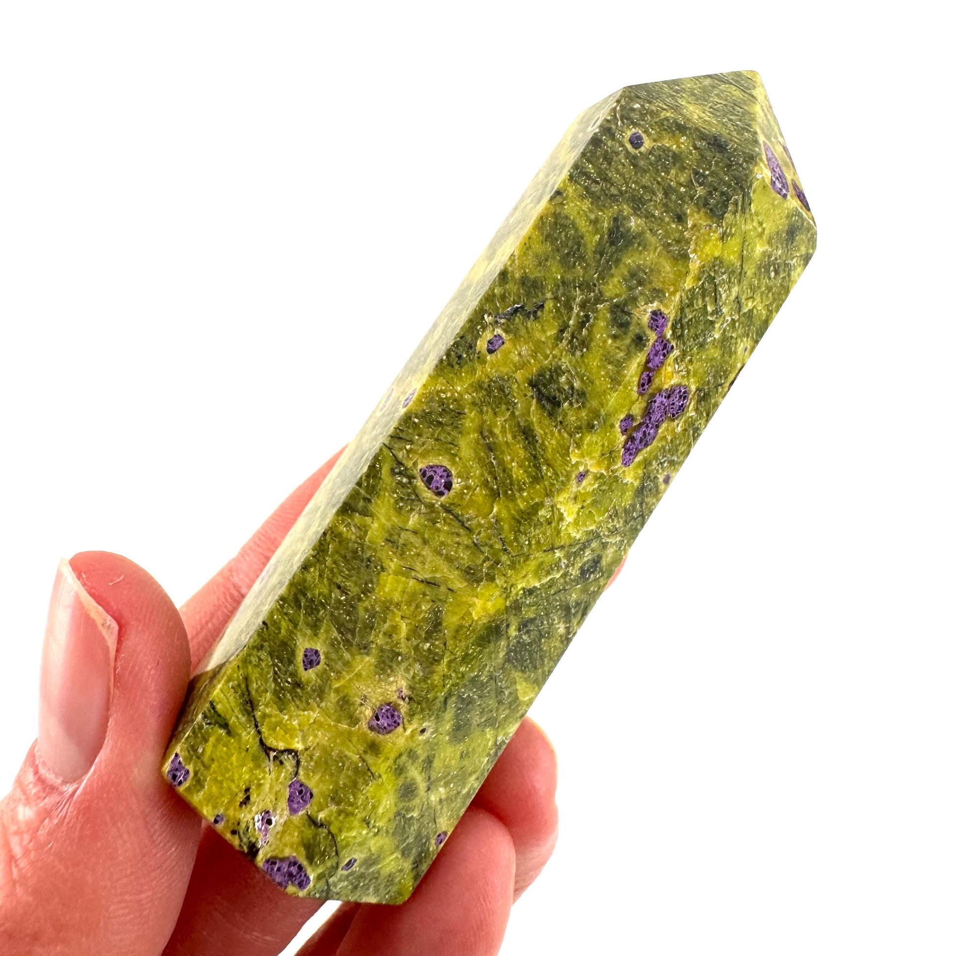 Atlantisite Point (Tasmania) | polished atlantisite crystal tower, stichtite in serpentine, crystal point, rare minerals