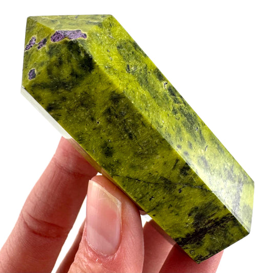 Atlantisite Point (Tasmania) | polished atlantisite crystal tower, stichtite in serpentine, crystal point, rare minerals